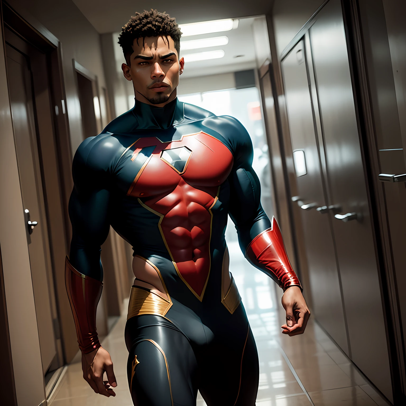 um homem , vestido de um tranje de heroi, em uma cinada sombria, no estilo comic book --auto