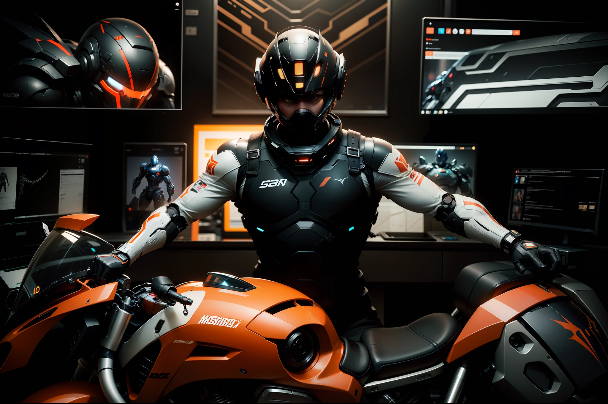 Muscular full-body black mech suit Cyber Warrior，Black Cyber mechanical motorcycle，High-tech black full enveloping helmet，Short White Hair，Nousr， Biomechanics， MSHN Robot Man，High-tech helmet，resoulution ultra-realitic， steel， complex design， Insanely Detailed， Fine details， Extremely sharp lines， cinematic Lighting， Photo realistic， A Detailed Masterpiece