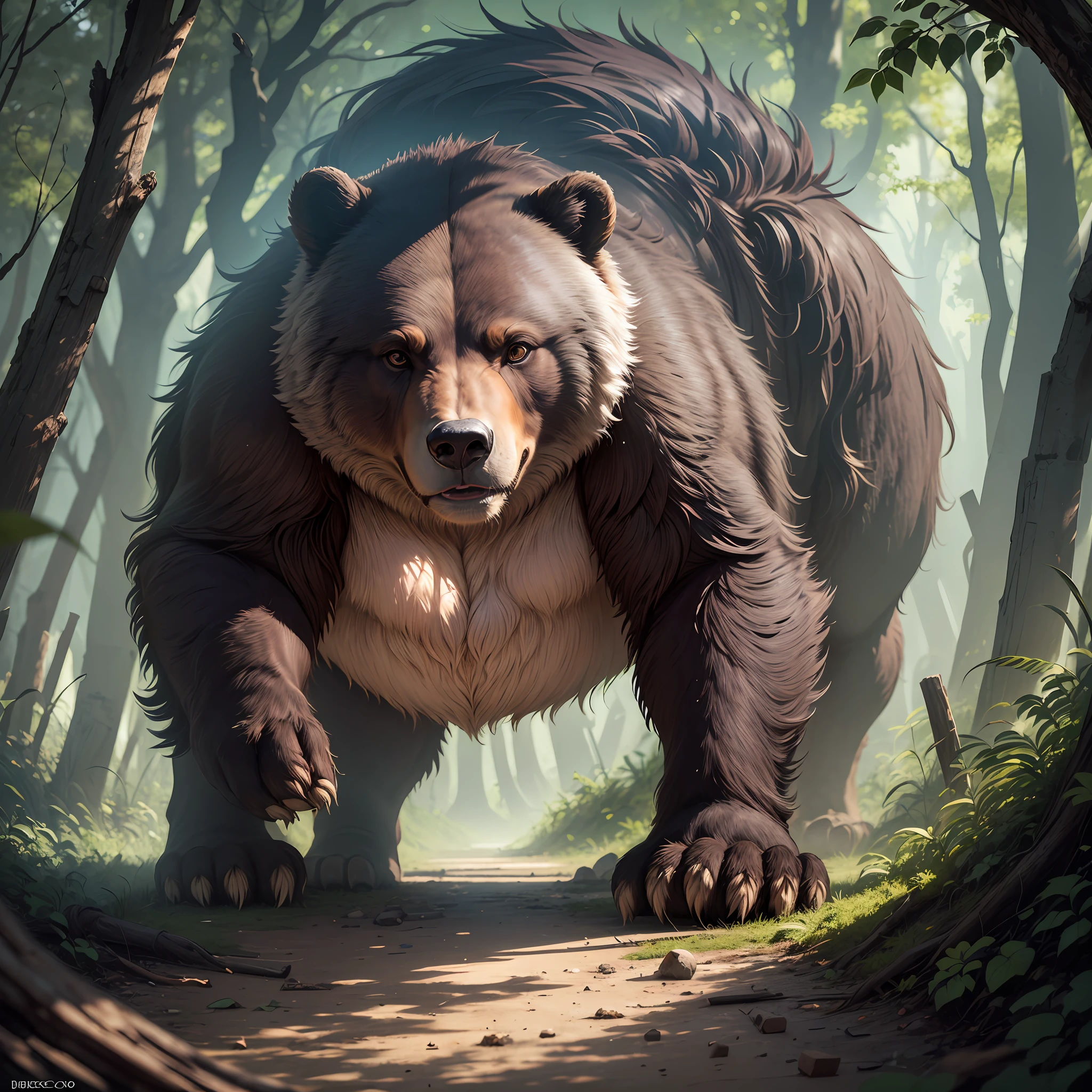 Sombrio, Last Light, From out of the shadows toward the viewer comes a bear , grande, viril, musculoso, assustador, enquanto ele se move pelo beco, The path becomes increasingly choked with fallen structures and signs of turmoil. --auto
