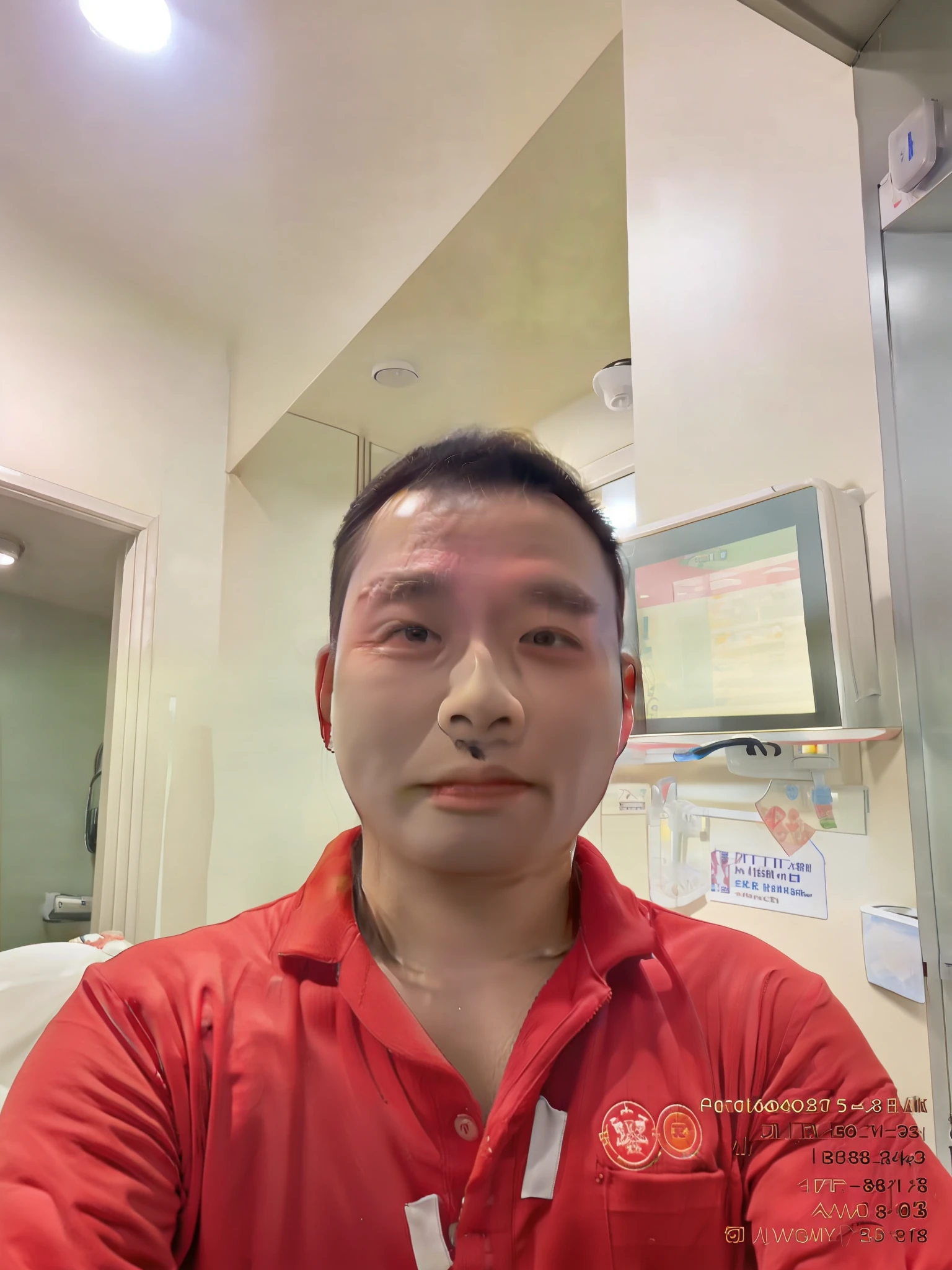 arafed man in a red shirt standing in a hospital room, 4 0 years old man, 38 years old, 2 , 3 6 years old old, 2 9 yearsears old, hoang 5 years old, 3, 8k selfie photograph