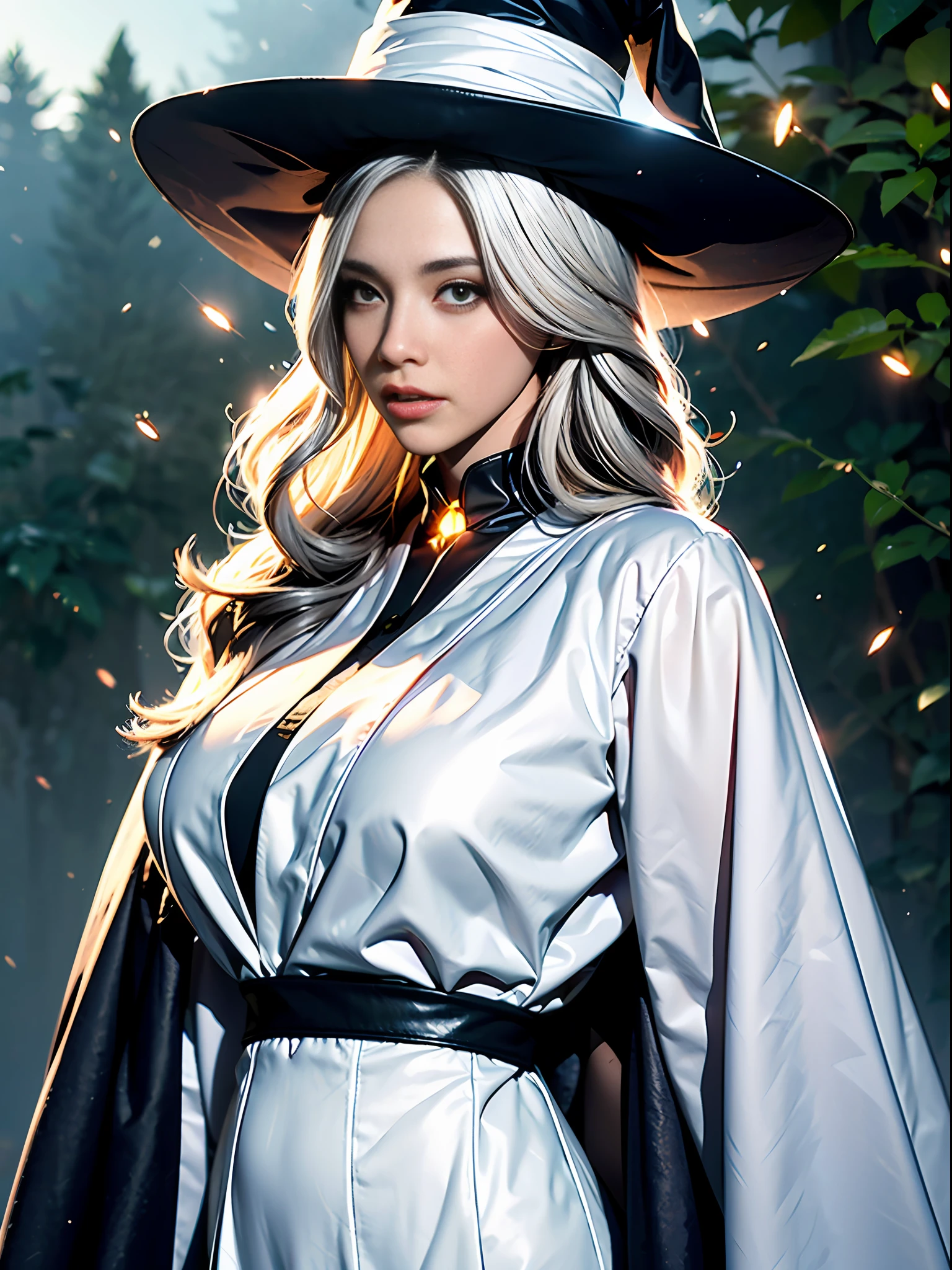 RAW photo, one person, skin invisible, full body photo of 60 year old woman, witch, Sensual beautiful woman with round cheeks, realistic facial expression, light red eyes, pale skin, wavy white hair, long hair, witch hat, white skin, slender body, wearing full body black robe with rich decoration, confident expression, (fireflies, glowing particles, ethereal fog, faint darkness), high saturation, film light, rim light, best shadows, pointing here, background is urban ruins, (very detailed skin: 1.2), 8k UHD, DSLR, soft lighting, high quality, film particles, fujifilm XT3