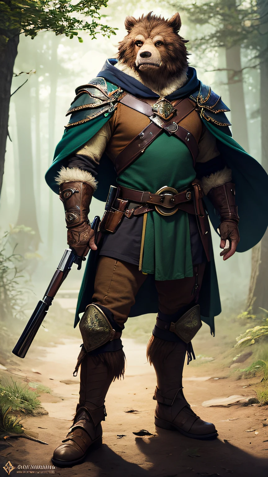 concept art (masterpiece:1.5), full body intricate details, highly detailed, photorealistic, best quality, highres, portrait of a male, bugbear(fantasy art, Masterpiece, best quality) bugbear,(fantasy art, Masterpiece, best quality) ranger, with a short brown hair, green eyes, (fantasy art, Masterpiece, best quality)armed a gun, wearing a green cloak with in fantasy setting forest at night,