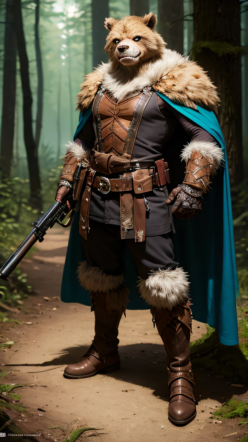 concept art (masterpiece:1.5), full body intricate details, highly detailed, photorealistic, best quality, highres, portrait of a male, bugbear(fantasy art, Masterpiece, best quality) bugbear,(fantasy art, Masterpiece, best quality) ranger, with a short brown hair, green eyes, (fantasy art, Masterpiece, best quality)armed a gun, wearing a green cloak with in fantasy setting forest at night,