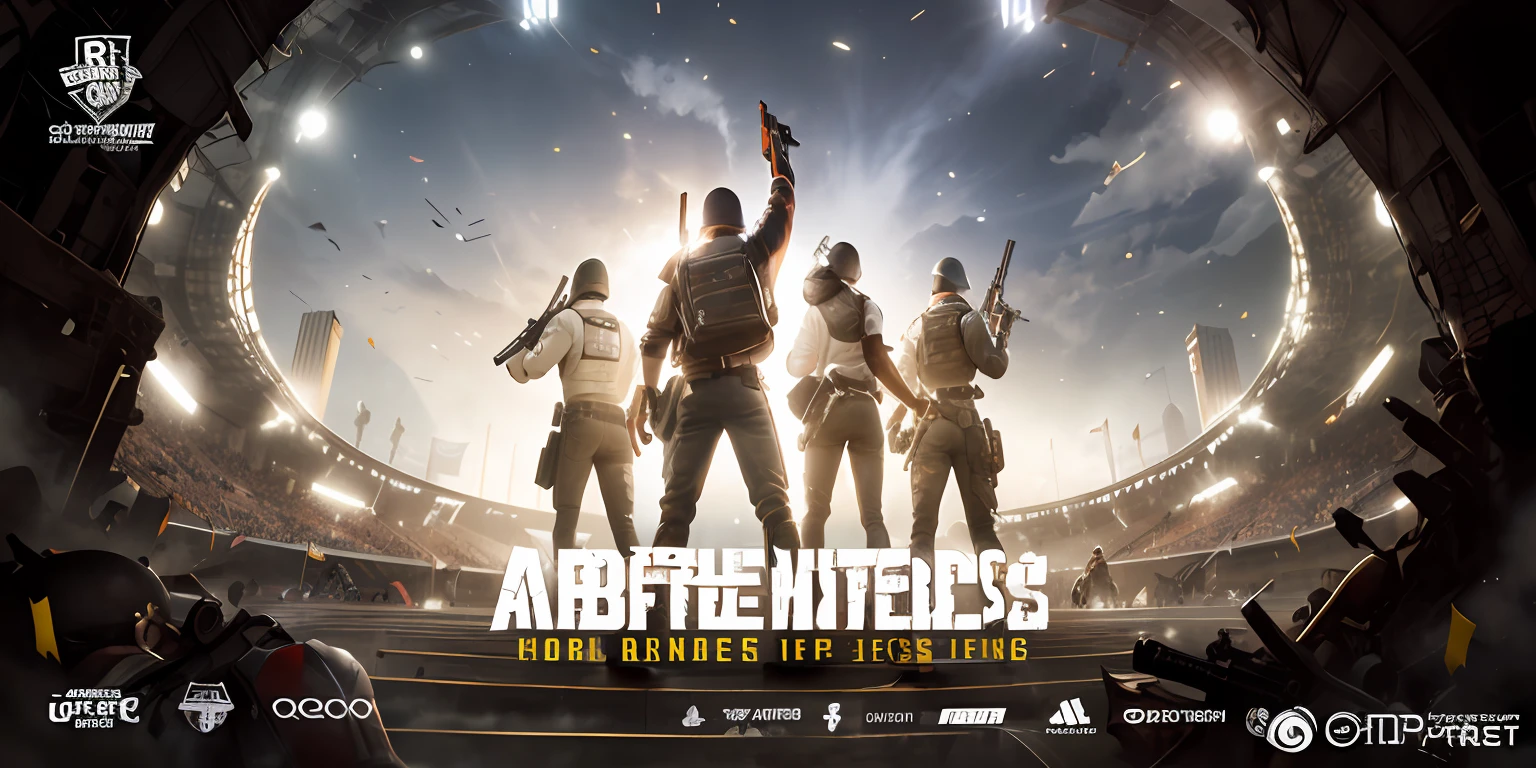 a group of people standing in a stadium with guns, game promotional poster, game cg, game poster, movie promo image, promo poster, poster, game cover, official poster, paintball world cup, battlefield background, official works, key art, front cover of a new video game, game key art, in pubg, promotional art, e-sport style,A line of text is centered at the bottom of the image:Long press the identification QR code to join the black group