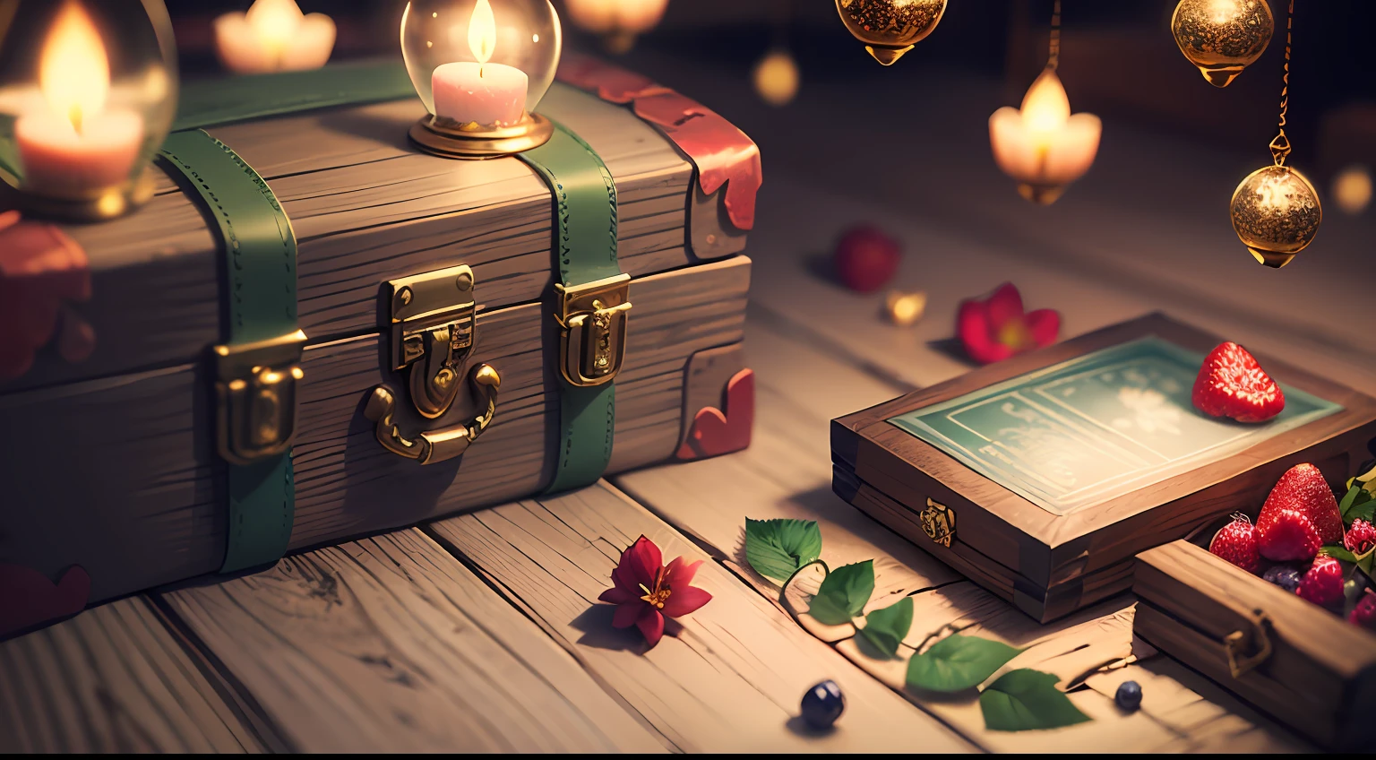 Dark room; depth offield; Dim candlelight; Filled with diamonds，A treasure chest of gold bars(And berries，The diamond，petaled，Elf dust)，Place on the table; On the right stands a task; game background; Banner graph; SLG games; Size 1080x460