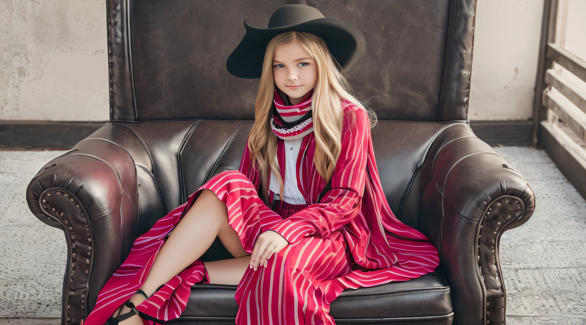 BLONDE CHILD girl,wearing a pink hat and scarf sitting on a black leather chair, photo from a promotional session, promotional photoshoot, young girl, beautiful young model, pink cowboy hat, young ager, photo shoot, photoshoot, inspired by Toros Roslin, red dress and hat, modeling essay, young and beautiful girl, studio portrait photography, photoshoot solo