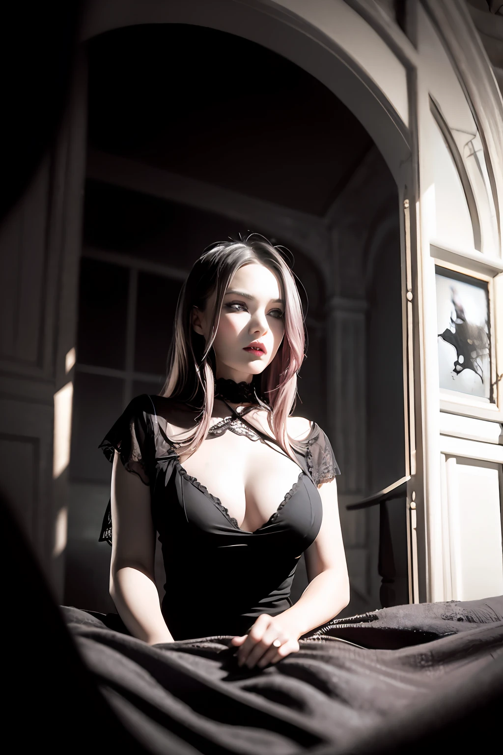 Front right view、Dark old vampire、bats、Fear of a vampire's lair、HDR with an eerie atmosphere、surrealistic、((complicated detail))、((complicated detail、An ultra-detailliert))、CINEMATIC、Volume Lighting、Woman with G size breasts、Vampire with pink eyes、A lot of exposure in a white lace dress,Generate Title Image