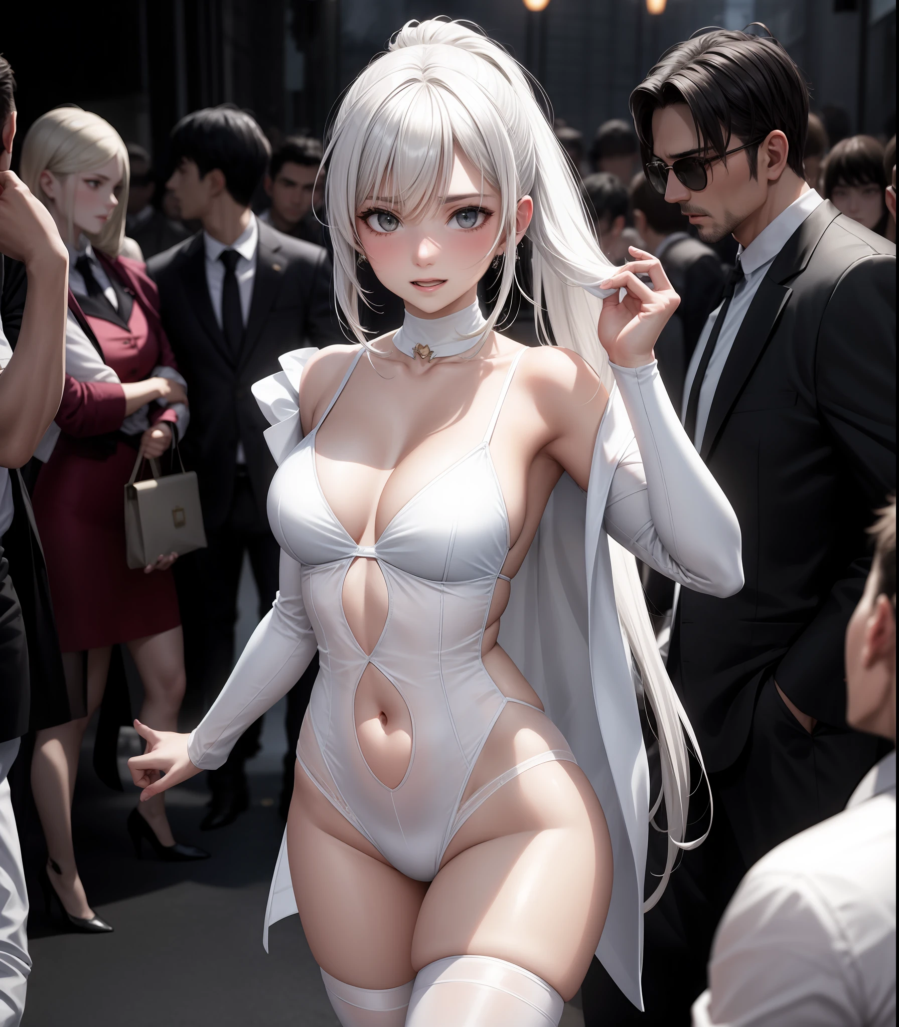 1 woman vs many men, she seduces in front of men in a crowded classroom, yandere expression, very embarrassed expression, happy to be seen but embarrassed, tense, erotic atmosphere, extreme shame, blushing cheeks, proud, slightly slim figure, D cup, beautiful breasts, beautiful bust up, slightly nsfw, hair color intact, short hair, Small ponytail, no bra, no panty, white very tight small costume, white clothing, white skimpy clothing, white see-through, white revealing costume, bold white costume, white very shameful costume, staring at many men, men nailing the woman, men surrounding the woman, women are surrounded by men, very lascivious men, Men sexually harass women, let's paint men in more detail, let guys play an active role