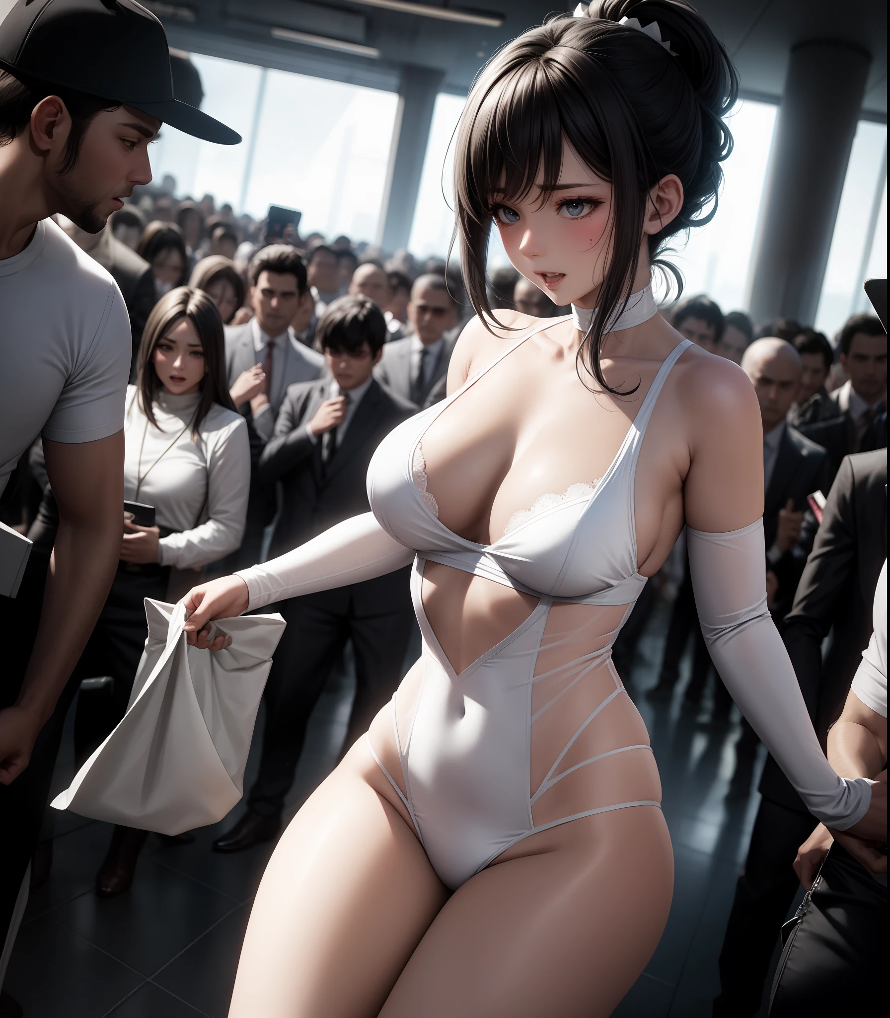 1 woman vs many men, she seduces in front of men in a crowded classroom, yandere expression, very embarrassed expression, happy to be seen but embarrassed, tense, erotic atmosphere, extreme shame, blushing cheeks, proud, slightly slim figure, D cup, beautiful breasts, beautiful bust up, slightly nsfw, hair color intact, short hair, Small ponytail, no bra, no panty, white very tight small costume, white clothing, white skimpy clothing, white see-through, white revealing costume, bold white costume, white very shameful costume, staring at many men, men nailing the woman, men surrounding the woman, women are surrounded by men, very lascivious men, Men sexually harass women, let's paint men in more detail, let guys play an active role
