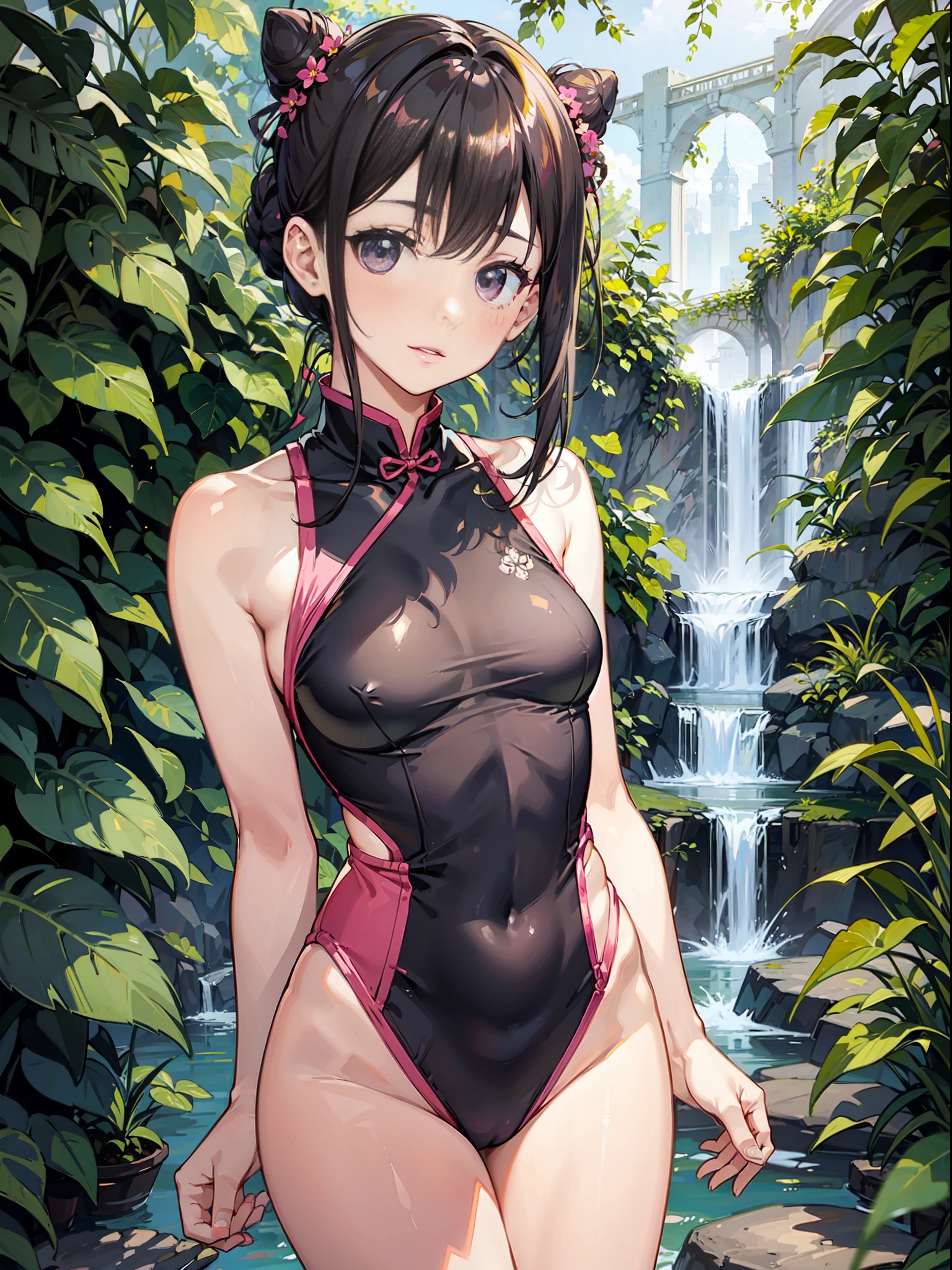 slender beautiful girl、One Person、small breasts、Pink cheongsam swimsuit、HI-RES、Max Quality、Fine details、Does not blush cheeks、kneehighs、Bun hair