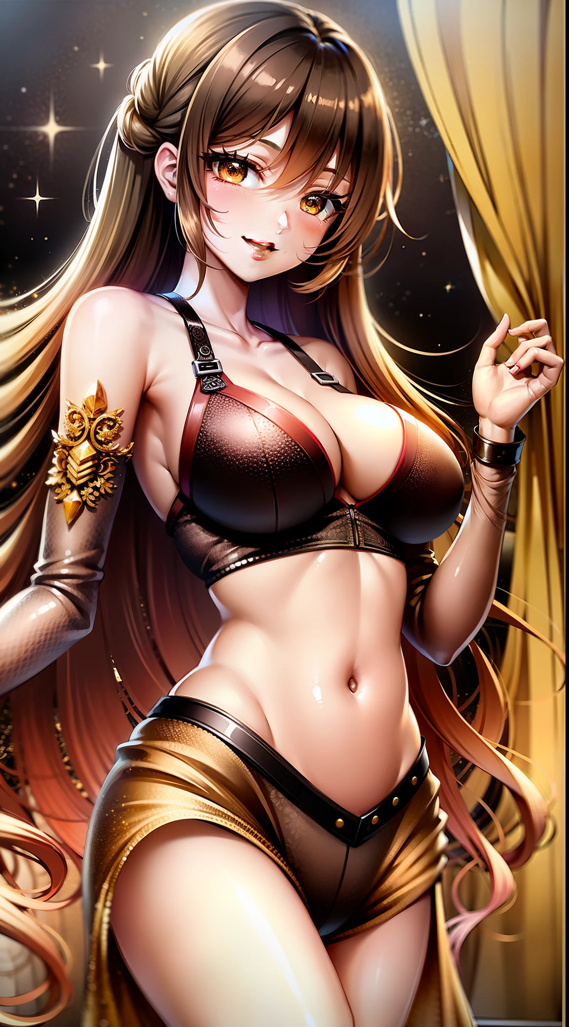 A young girl, long Brown hair, golden eyes, Summer robe, Sleeveless, open abdomen, inner boob, smile, masterpiece, high-quality