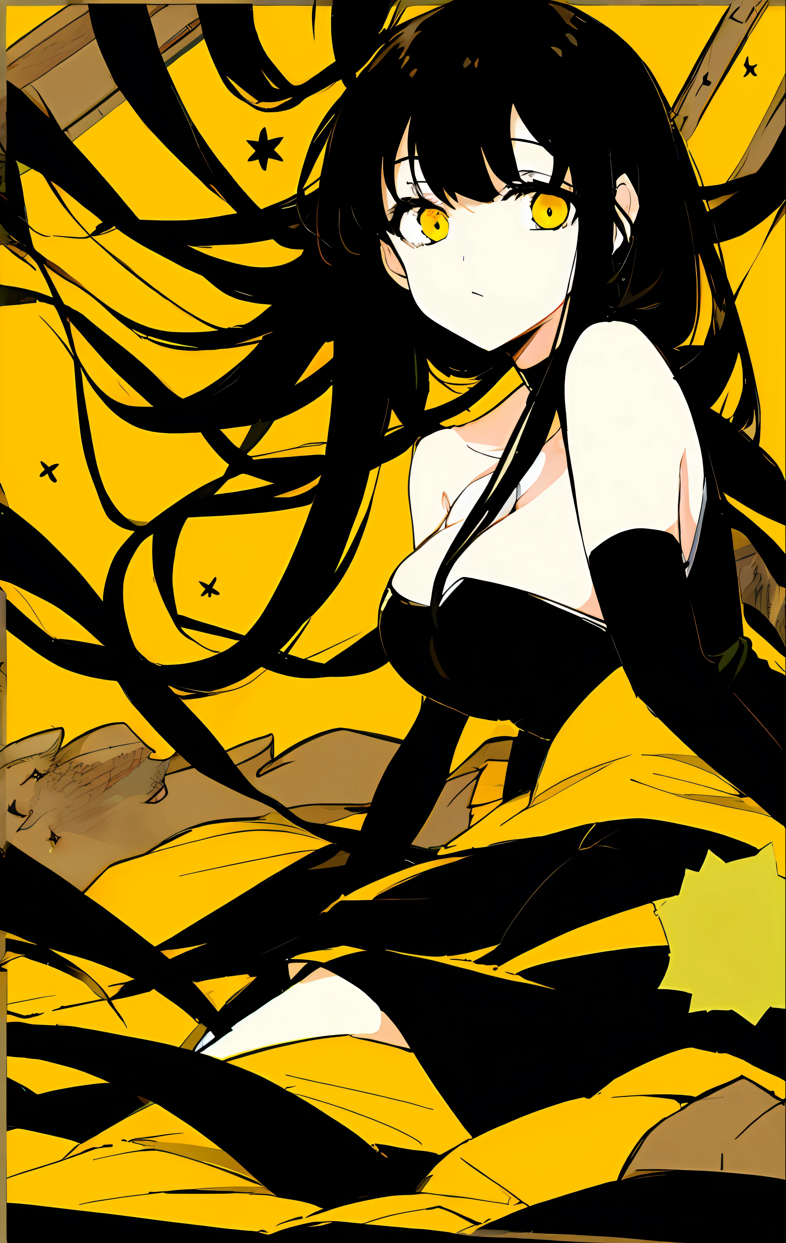 Prone position, front view, from front, looking at viewer, cleavage, squeezed breasts, bare shoulders, falling dress, sleeveless, black hair, bright yellow eyes, high contrast