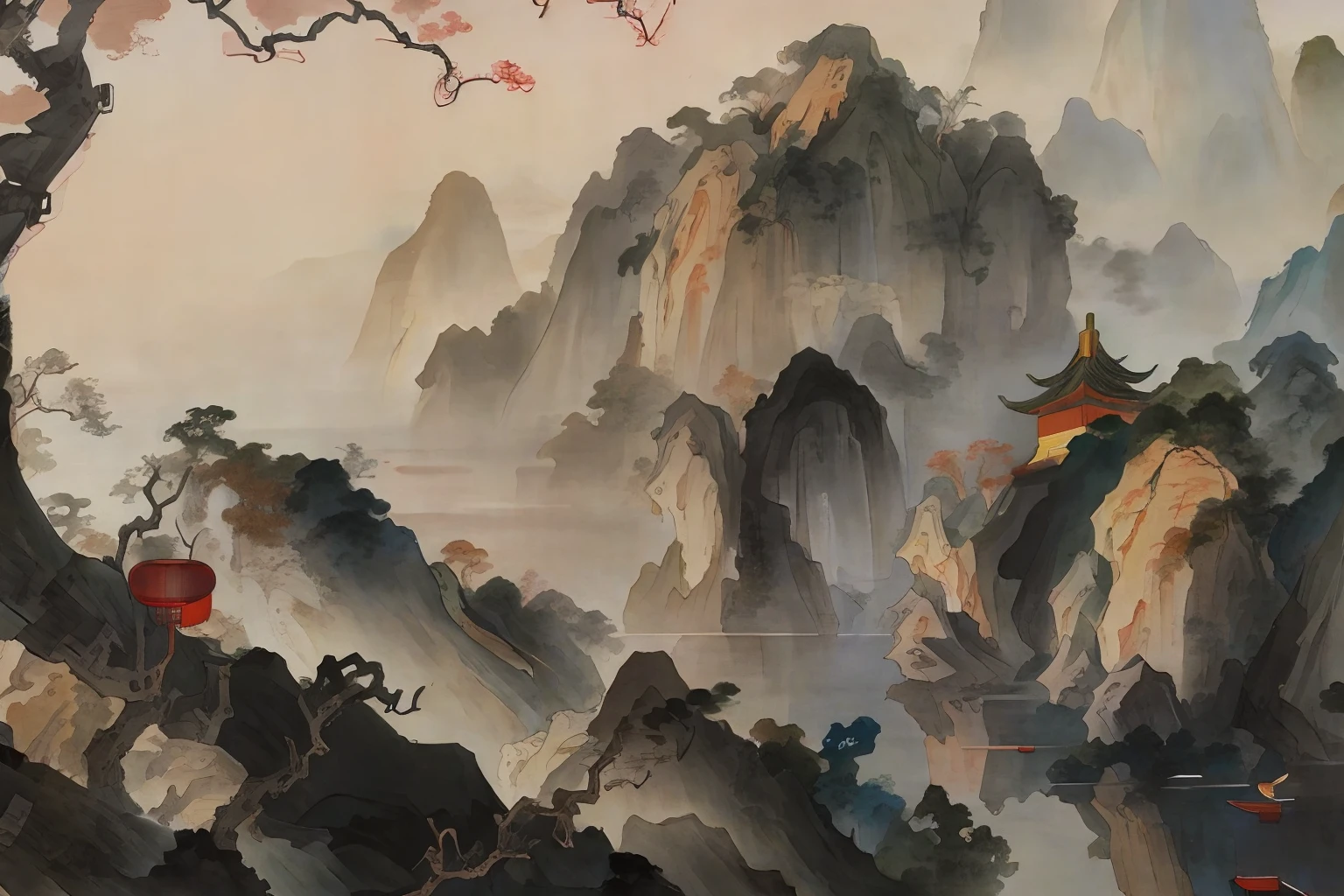 painting of a mountain landscape with a lake and a pagoda, chinese landscape, detailed scenery —width 672, inspired by Ma Yuan, chinese style painting, chinese painting style, inspired by Huang Binhong, chinese watercolor style, (mist), japanese landscape, serene landscape, scenery artwork, by Shen Quan, detailed painting 4 k, ross tran. scenic background