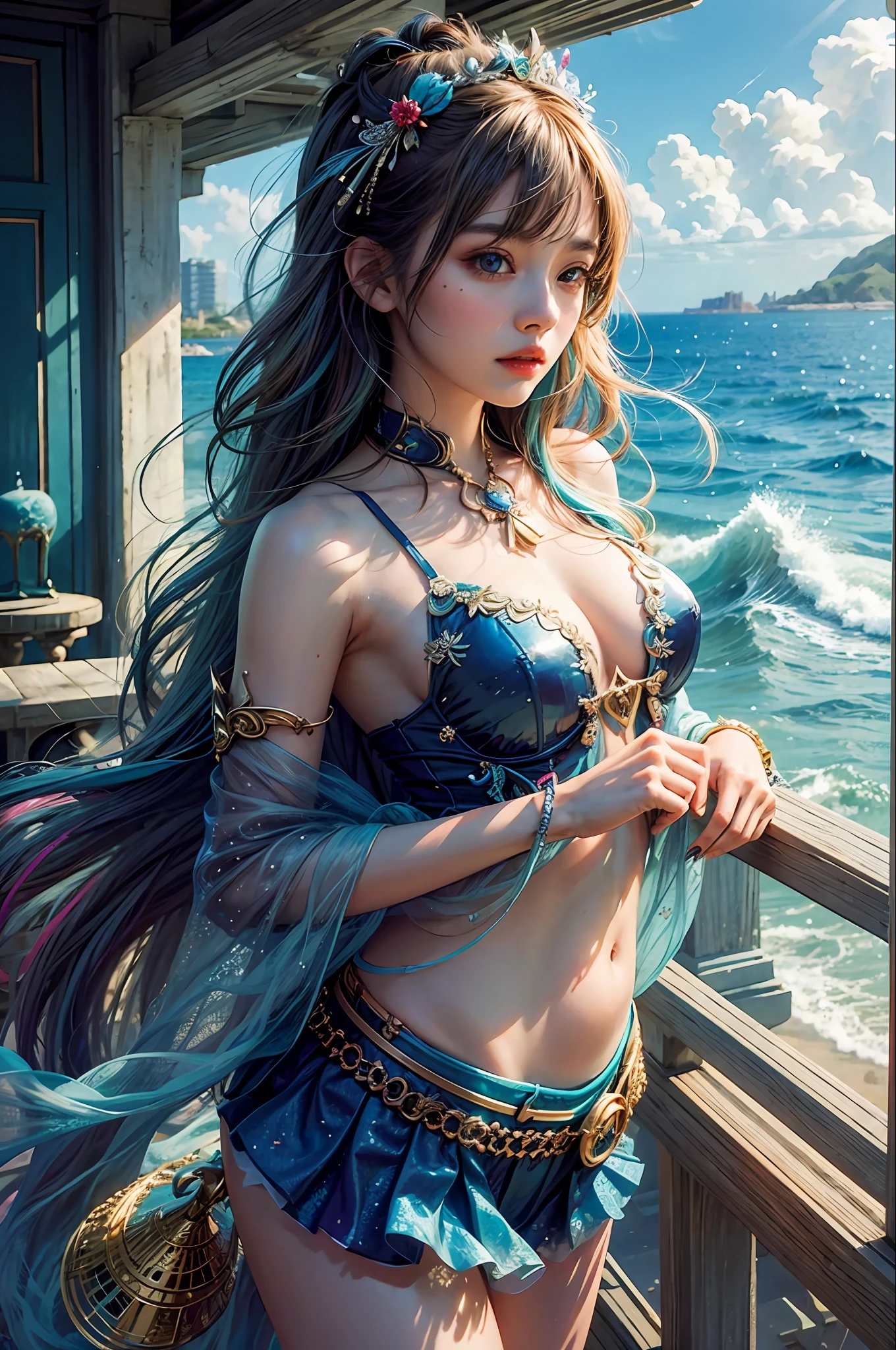 1girl,Beautiful,Magic Style,best quality,masterpiece,(rainbow-candy:0.8),(Half-body:1.3),Ocean,Cool Tone,low saturation,