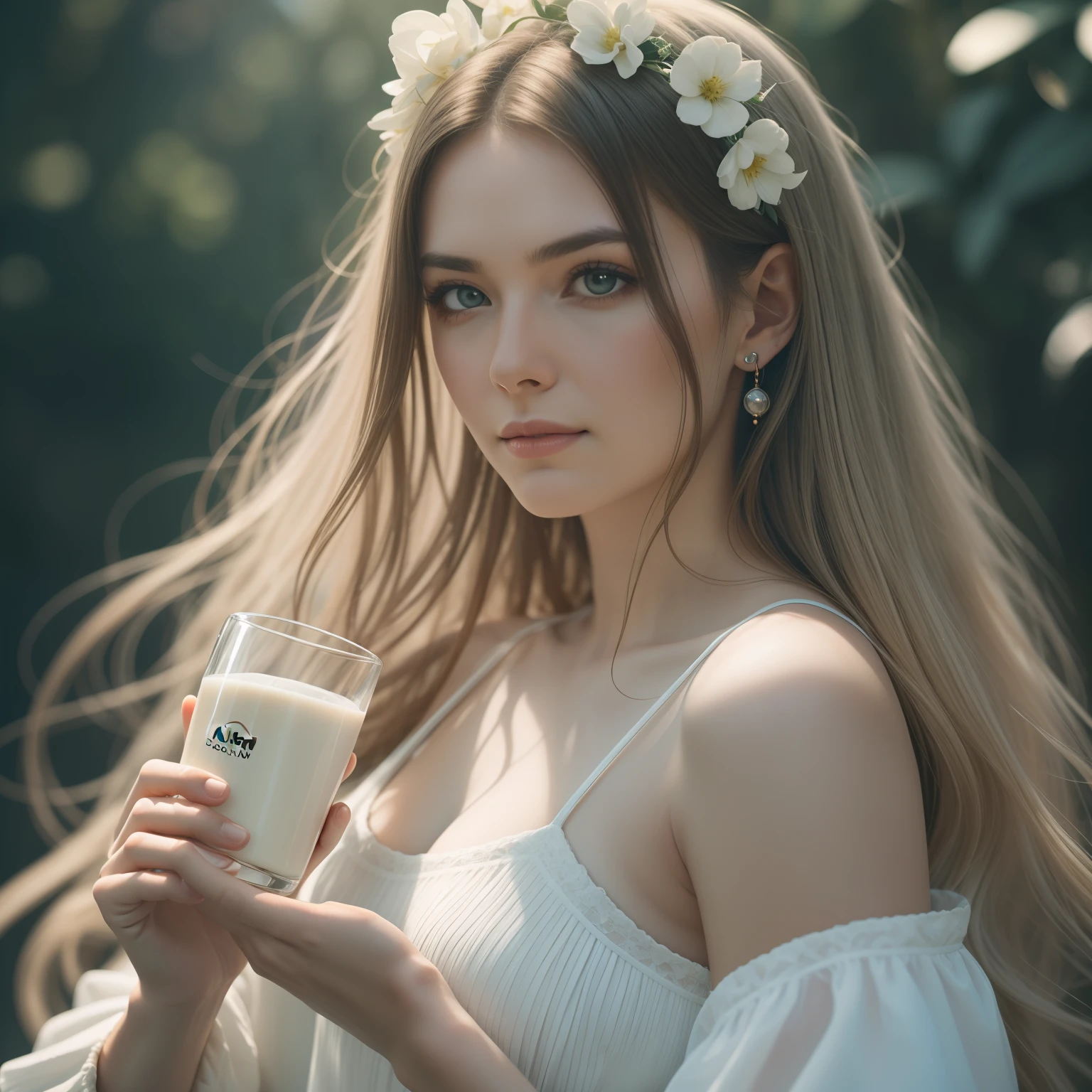 A graceful and nurturing Woman Holding Glass of Milk, serene expression,Super Fair Skin, White flowing and cascading Hair, warm and comforting gaze eyes, Milk background,,nikon d850 film stock photograph 4 kodak portra 400 camera f1.6 lens rich colors hyper realistic lifelike texture dramatic lighting unreal engine trending on artstation cinestill 800,8k,cinematic,cinematic shot, Medium shot