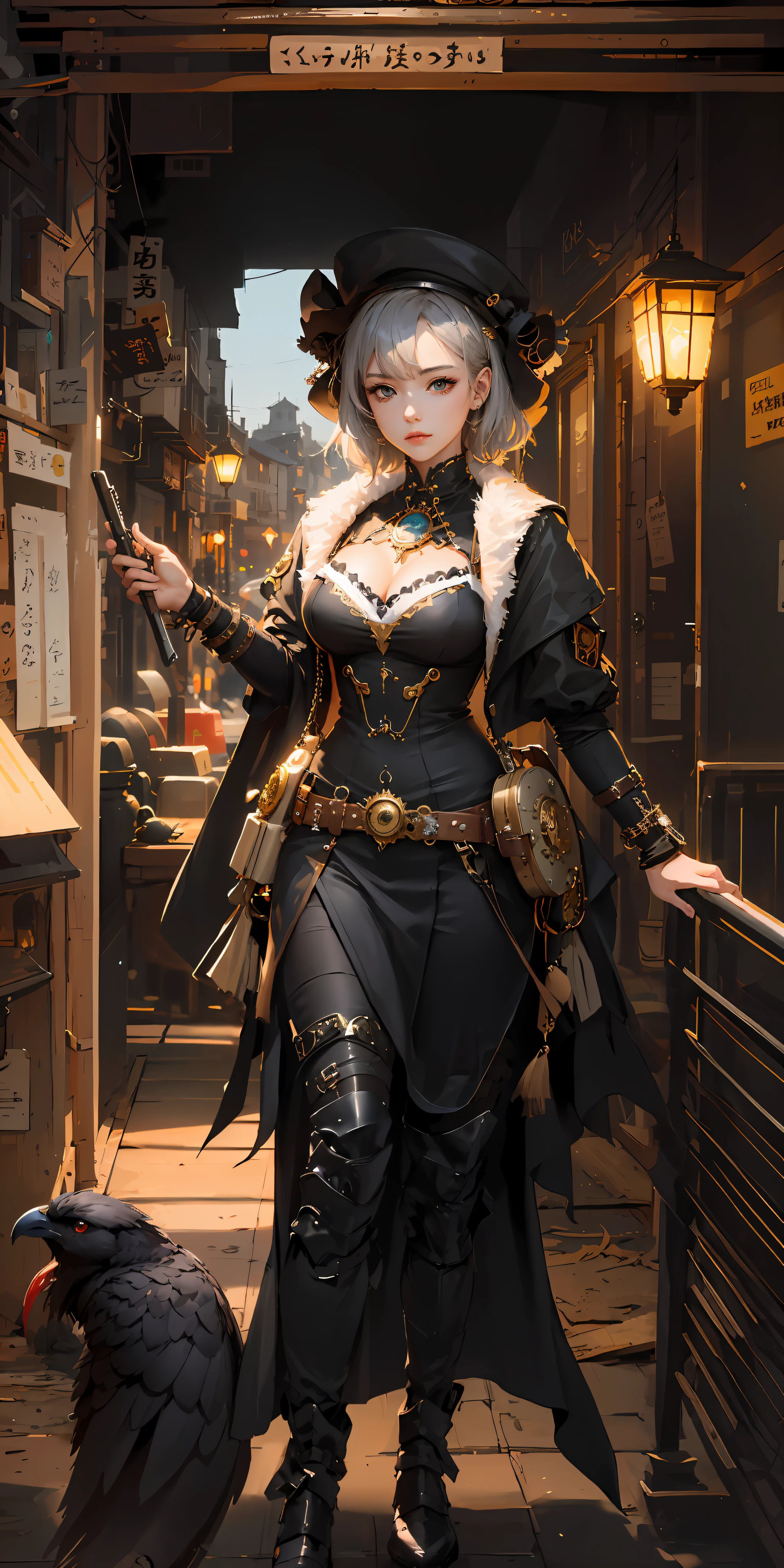 there is a woman in a costume that is standing next to a bird, steampunk beautiful anime woman, by Yang J, steampunk fantasy style, wearing steampunk attire, in steampunk cityscape, artwork in the style of guweiz, steampunk concept art, guweiz on artstation pixiv, ornate cosplay, in a steampunk world, beautiful character painting