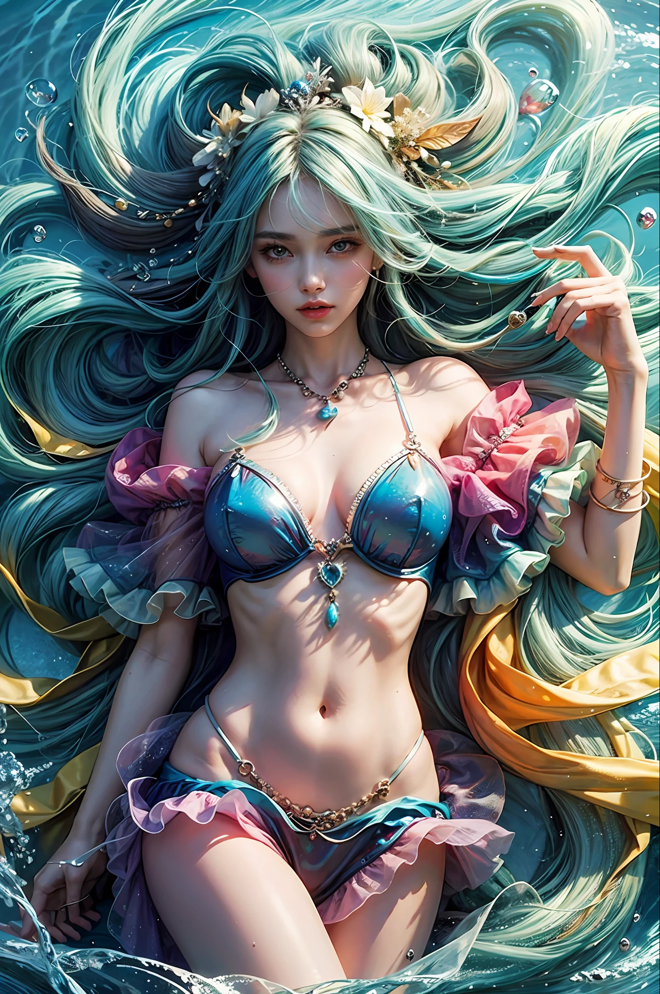 1girl,Beautiful,Magic Style,best quality,masterpiece,(rainbow-candy:0.8),(Half-body:1.3),Ocean,Cool Tone,low saturation,
