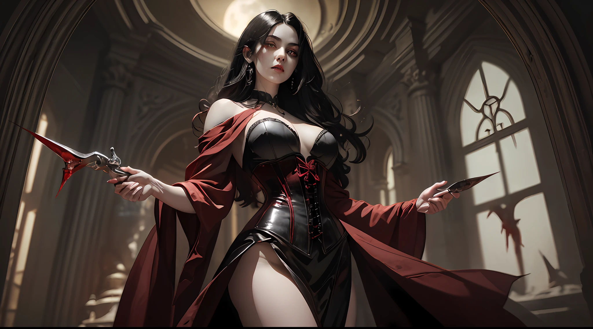 A tall mature (vampire:1.25)_goddess, (blood-red:1.13) eyes gleaming with (cunning:1.10) and (seduction:1.02). Her (jet-black:1.20) hair cascades down to her (slender:1.23) waist, framing her (pale:1.17) face and (sharp:1.19) cheekbones. Her lips, (deep crimson:1.03), slightly part to reveal (gleaming:1.16) fangs. Her body is draped in a (gossamer:1.08) gown that accentuates her (graceful:1.10) curves and the (vibrant red:1.01) of her corset.
She stands in the heart of an (ancient:1.04) (castle:1.20), grand staircases, stone arches, and (flickering:1.07) torches casting long shadows. The outside seen through towering windows is a (nighttime:1.22) landscape under a (full moon:1.12).
The color palette focuses on (deep blacks:1.12), (rich reds:1.02), and (moonlit whites:1.20).
Composition: (low angle view:1.09), (centered focus:1.15), (high contrast:1.06), (shadow play:1.19), (soft edges:1.18)
warm color palette, dramatic shadows, vivid hues, soft ambient light, glowing skin tone,
(8K:1.37), (Ultra high res:1.35), (photorealistic:1.38), (official art:1.36)