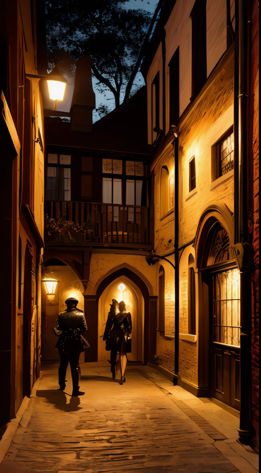 (masterpiece, 8K, UHD, oil painting, photo-realistic:1.3, by Greg Rutkowski), medieval brothel in Southwark, London, (dimly lit alleyway:1.2), late evening hours, 12th-century setting, stunning woman in revealing leather attire, (enticing medieval passengers:1.2), flickering candlelight, suggestive glances, atmospheric ambiance, intricate details of the architecture, rich colors, immersive atmosphere, capturing the allure of the medieval brothel.