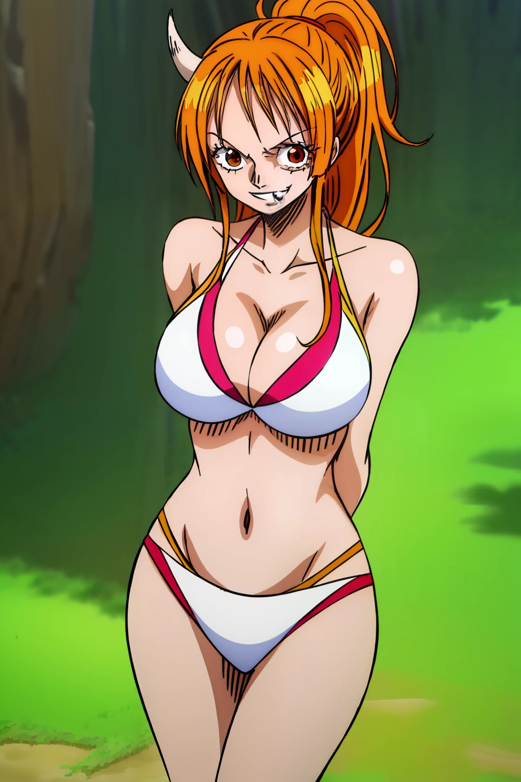 Yamato_\(one_piece\), 1girl, solo, standing, (large breasts), orange, (white bikini_top), oni, cleavage, embarrassed, smile, shiny_skin, cowboy_shot, beach, skindentation, arms_behind_back,