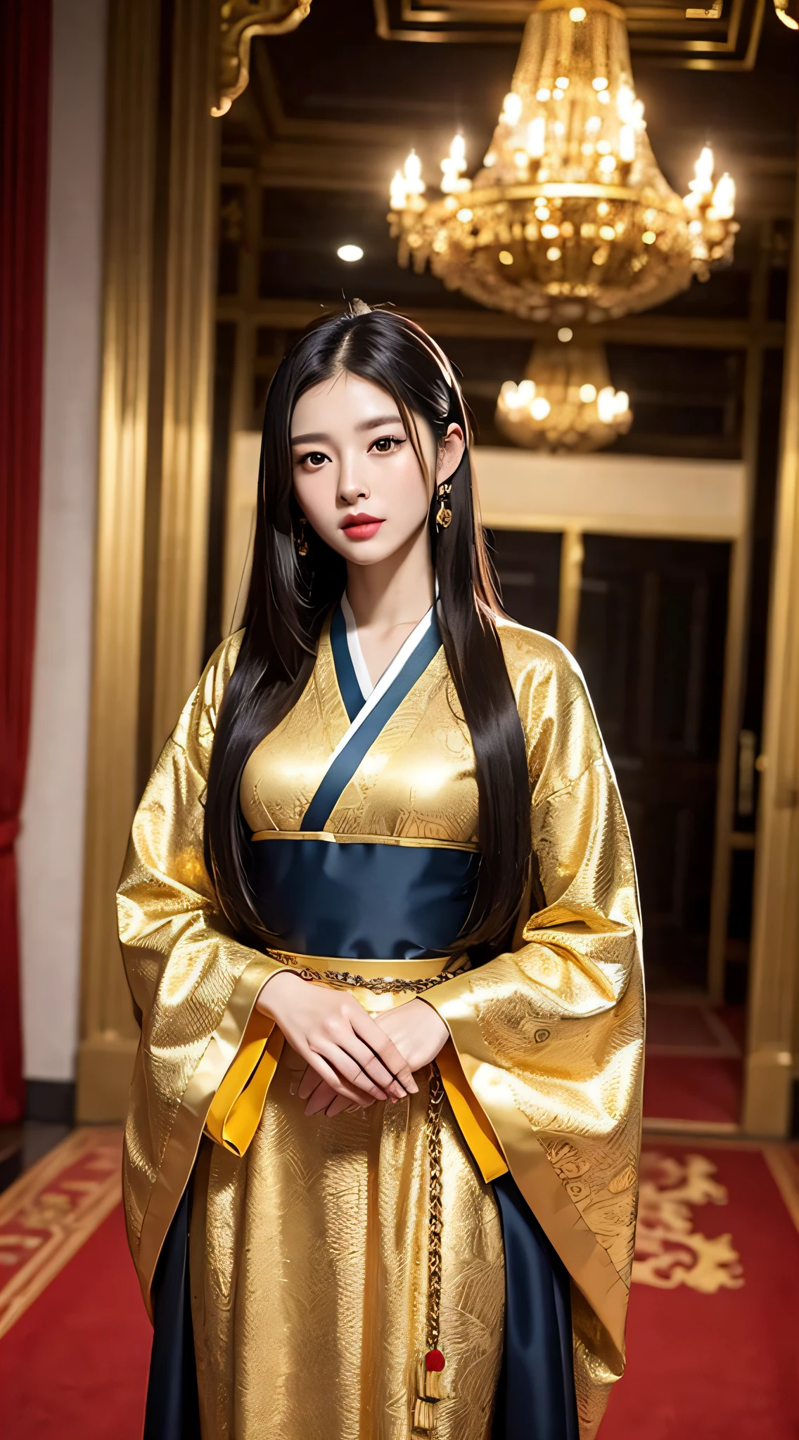Dynasty, court, palace, emperor, emperor, maid, table, bronze cup, bronze sword, guard, Chain mail, yellow robe, hanfu, black hair, black pupil, dragon pattern, resplendence, gold, gilt edged, totem, ladder, red carpet
