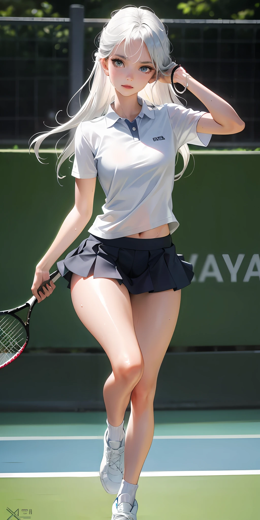 Absurd, Masterpiece, Best Quality, Realistic, Ultra Detail, (Shiny Skin, Sweat: 1.4), Slim, Gaze Viewer, 1Girl, Solo, Tennis Wear, White Polo Shirt, White Sneakers, White Miniskirt, Long Hair, Silver Hair, Blue Eyes, (Thick Thighs: 0.5), Dynamic Lighting, High Resolution, Sharp Focus, Depth of Field, Small Breasts