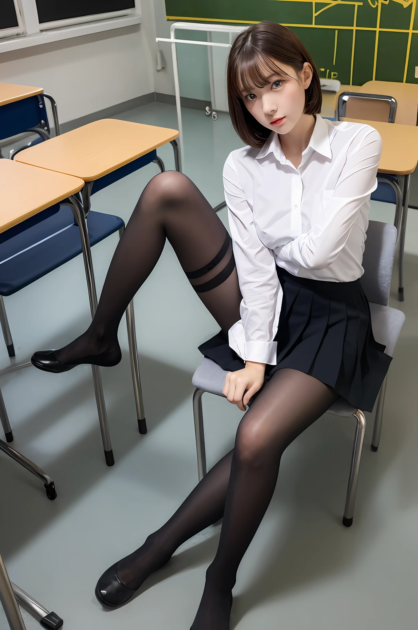 Masterpiece, top quality, ultra high definition, colorful, flat color
1 girl, sitting, watching viewer, school, classroom, pleated mini skirt, take off school uniform, black pantyhose, detailed touch, detailed cloth texture, beautiful detailed face, adult atmosphere, exposure, upper body up, short hair