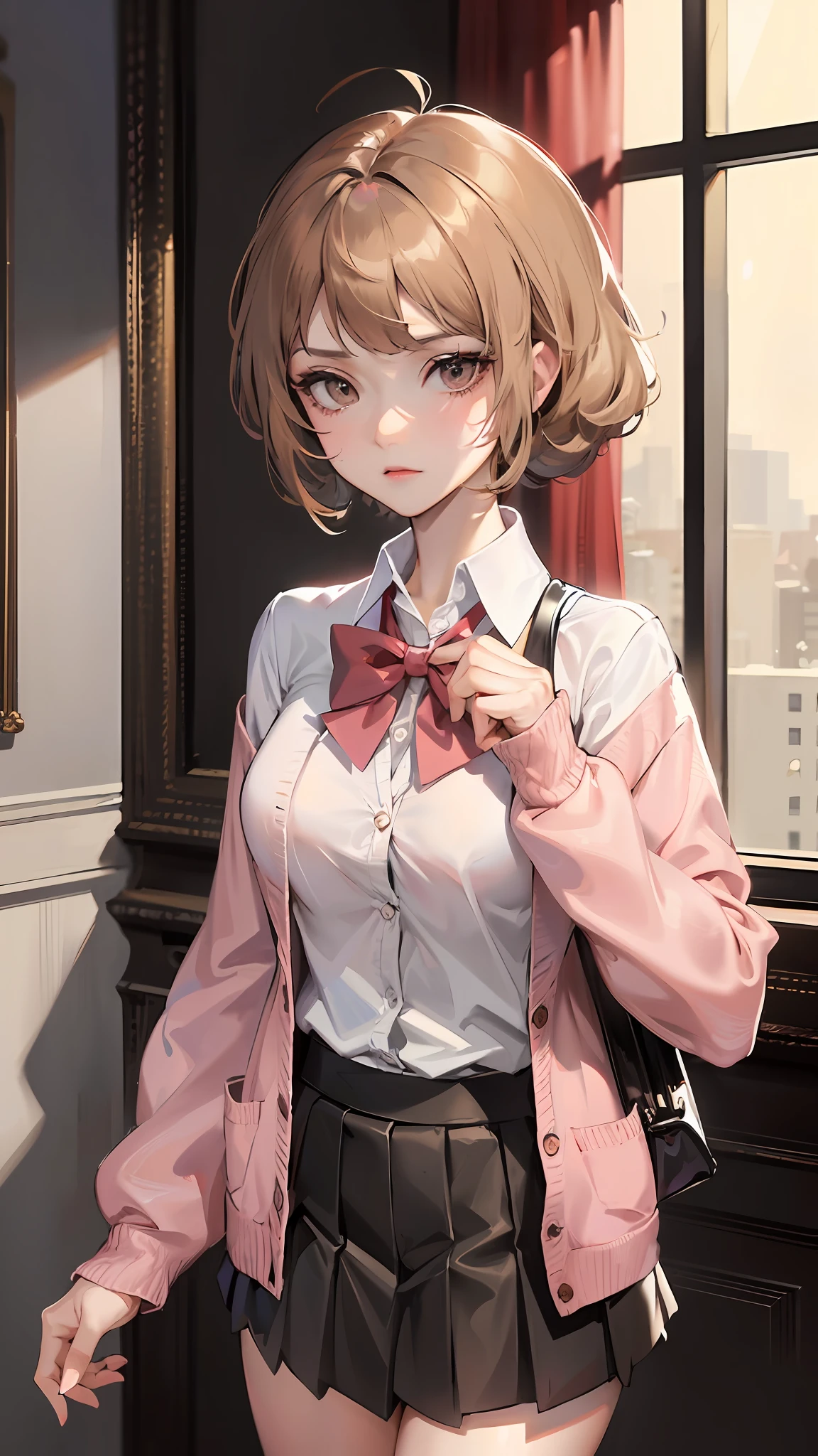 Solo, 1girl, Mature female, Milf, Takeba Yukari, persona 3, (light brown head:1.3), collared shirt, (pink cardigan:1.3), long sleeves cardigan, closed cardigan, black skirt, pleated mini-kirt, red bow, red bowtie, cynical stare