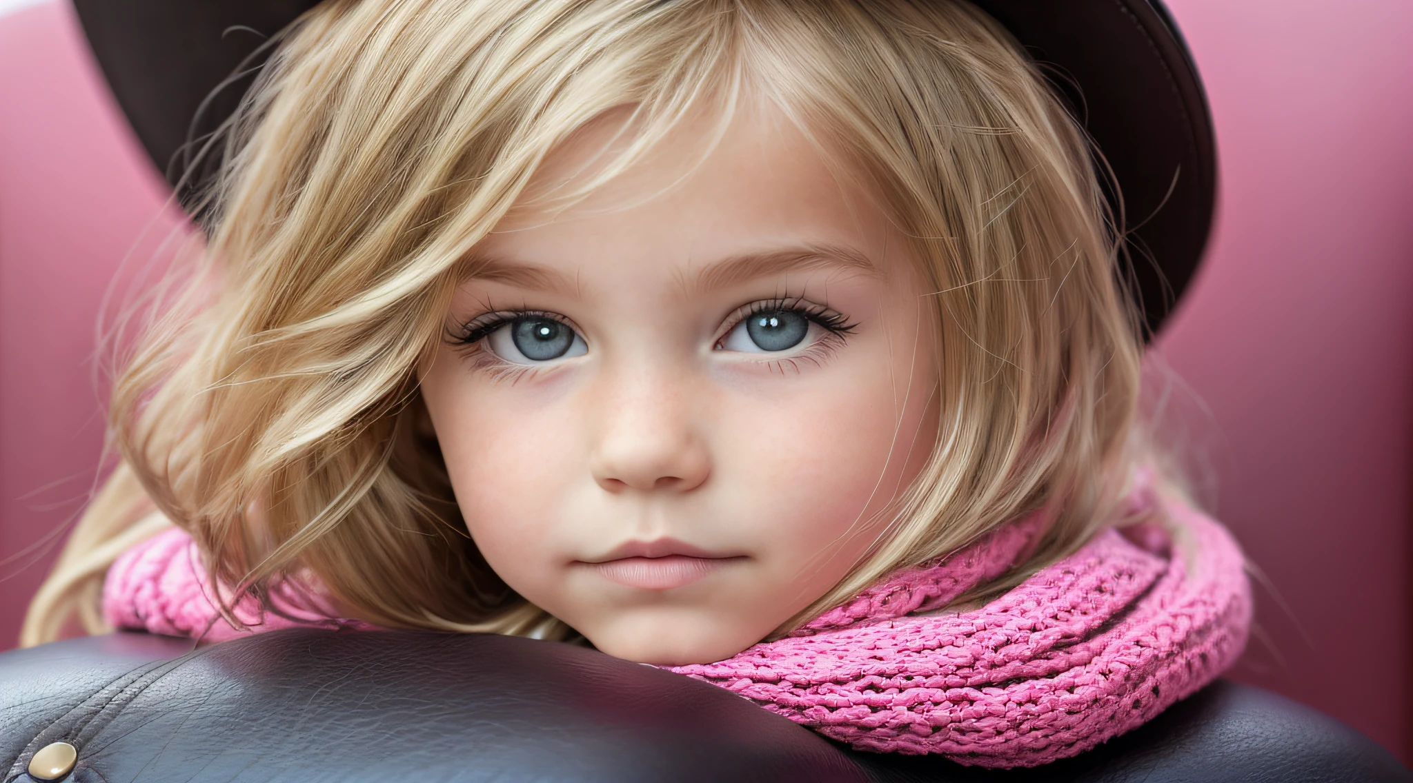 BLONDE CHILD girl,wearing a pink hat and scarf sitting on a black leather chair, photo from a promotional session, promotional photoshoot, young girl, beautiful young model, pink cowboy hat, young ager, photo shoot, photoshoot, inspired by Toros Roslin, red dress and hat, modeling essay, young and beautiful girl, studio portrait photography, photoshoot solo
