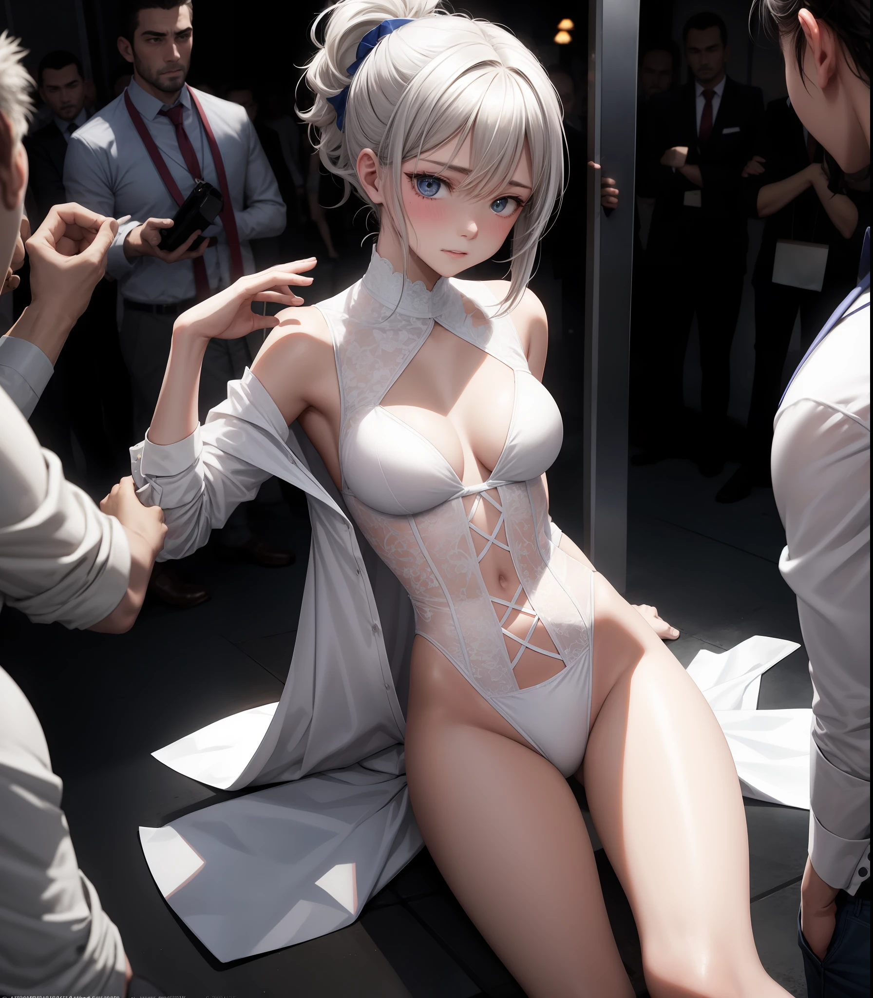She is in front of the men in a crowded classroom ... a little seduction, a yandere expression, a very embarrassed expression, happy to be seen but embarrassed, a tense, erotic atmosphere, extreme shame, blushing cheeks, proud, slightly slim figure, D cup, beautiful breasts, a little nsfw, hair color remains the same, short hair, small ponytail, no bra, no panty, White very tight little costume, white clothing, white skimpy clothing, white see-through, white revealing costume, white bold costume, white very shameful costume, many men stare at you, men nail the woman, men surround the woman, the woman is surrounded by men, very lascivious men, men sexually harass women, let's draw the men in more detail, Let the guys flourish