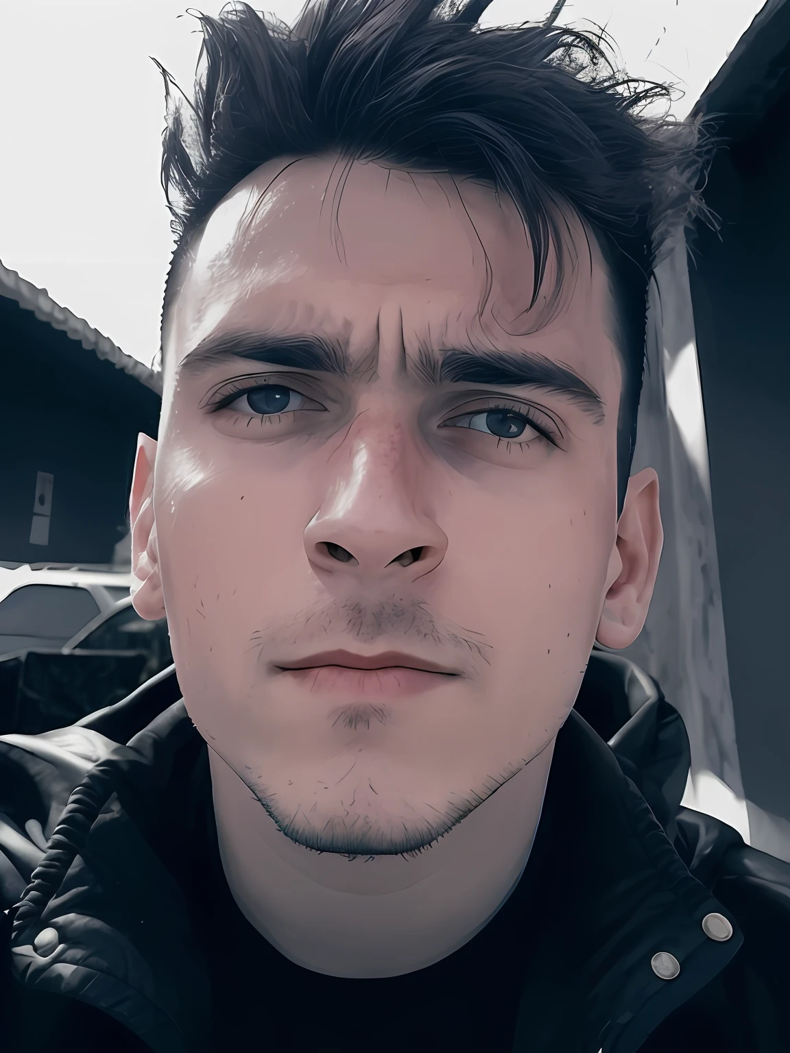 diego123, Crisp macro quality,de homem brutal cyberpunk, rough skin, look at a camera, olhos brilhantes, 20 anos, cinematic, cores esmaecidas, tomada escura, cores suaves, filme granulado, lut, assustador, corpo inteiro