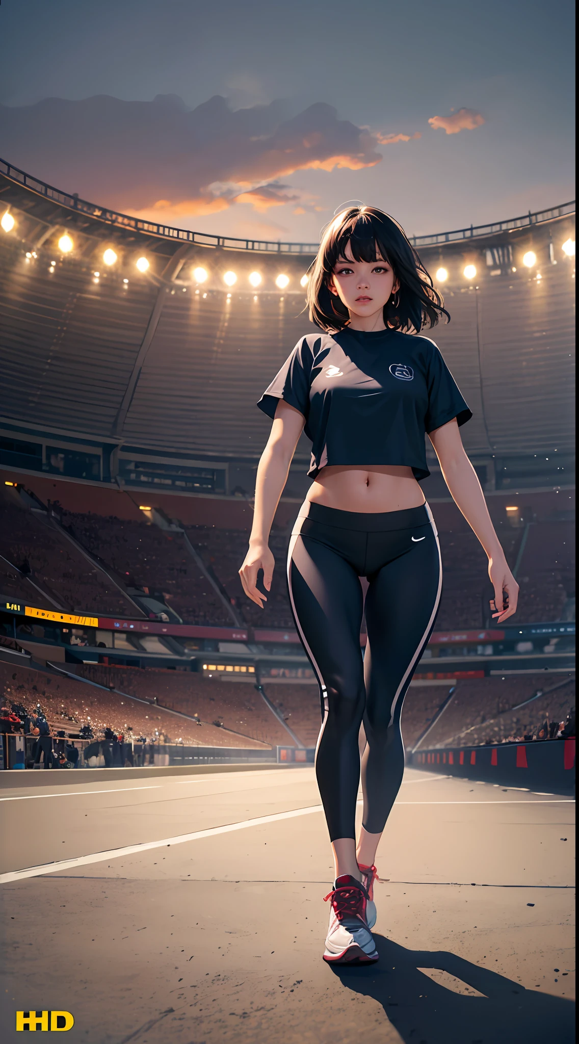 Dramatic lighting, masterpiece, detailedeyes, Bestquality, ultrahighres, deepshadow, Outdoor, Yoga pants, Sportswear, 1girl, Sneakers, Runway, perspiration, Stadium, Run, cinematic lighting, cowboy shot, UHD, ccurate, super detail, award winning, 8k, HD, retina