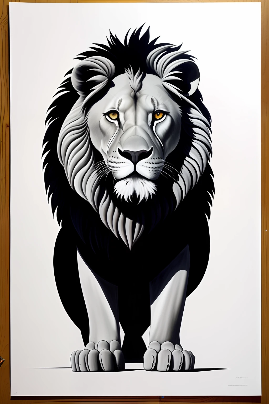 Painting of a 1lion sitting on a ledge in the dark, silhueta detalhada, silhueta :7, lion, por Lotte Cleaner, em papel preto, Simba, half lion, inspirado em Lotte Reiniger, production art, nas sombras, illustration », Direction: João Boul, 3 0, Direction: Leo Leuppi, monochromatic airbrush painting