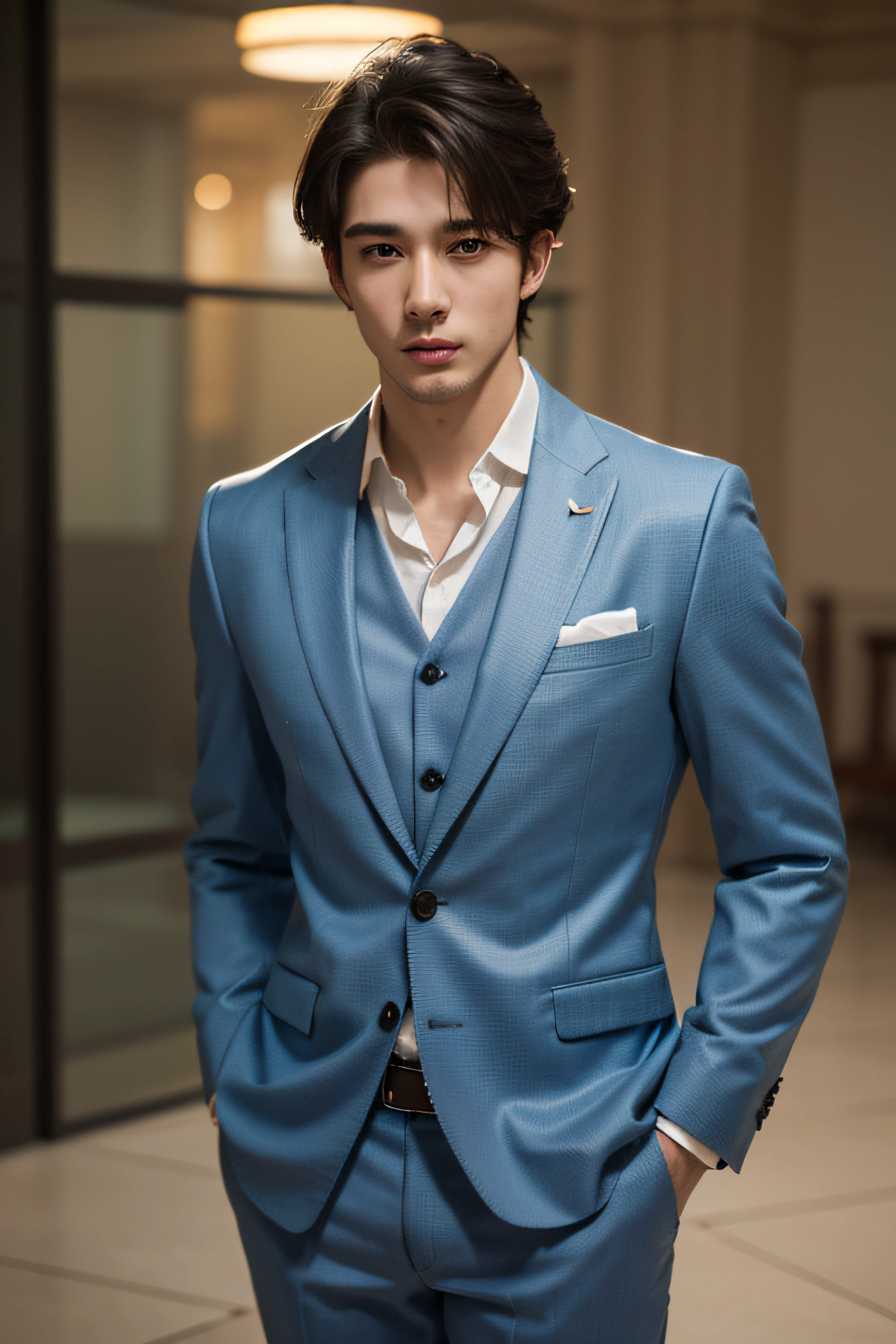 ((Realistic lighting, Masterpiece: 1.3)), (raw photo:1.2), Best quality, 8K, professional photography, A handsome boy wearing a dark blue luxury suit surrounded by gorgeous ladies in white thong