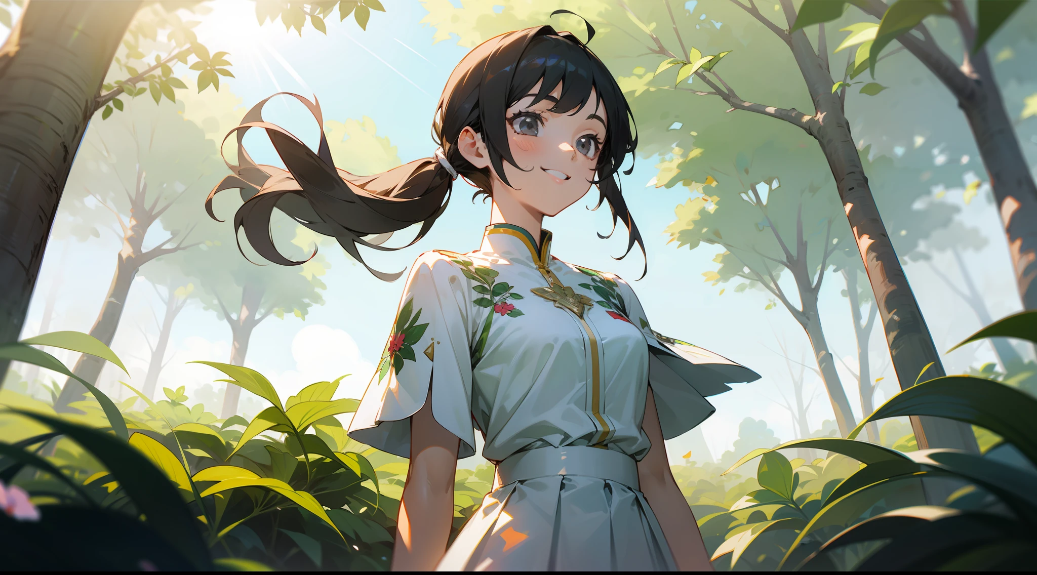 upper body,Medium view,A teenage girl,Sorrisos,sideways,Lateral face,black Hair,single pony tail,fluttering hair,Gray eyes,vestidos de branco,White skirt,standing under a tree,Green plant,sunrays,huge trees,Lens flare,floral,petaled,SKY,Windy