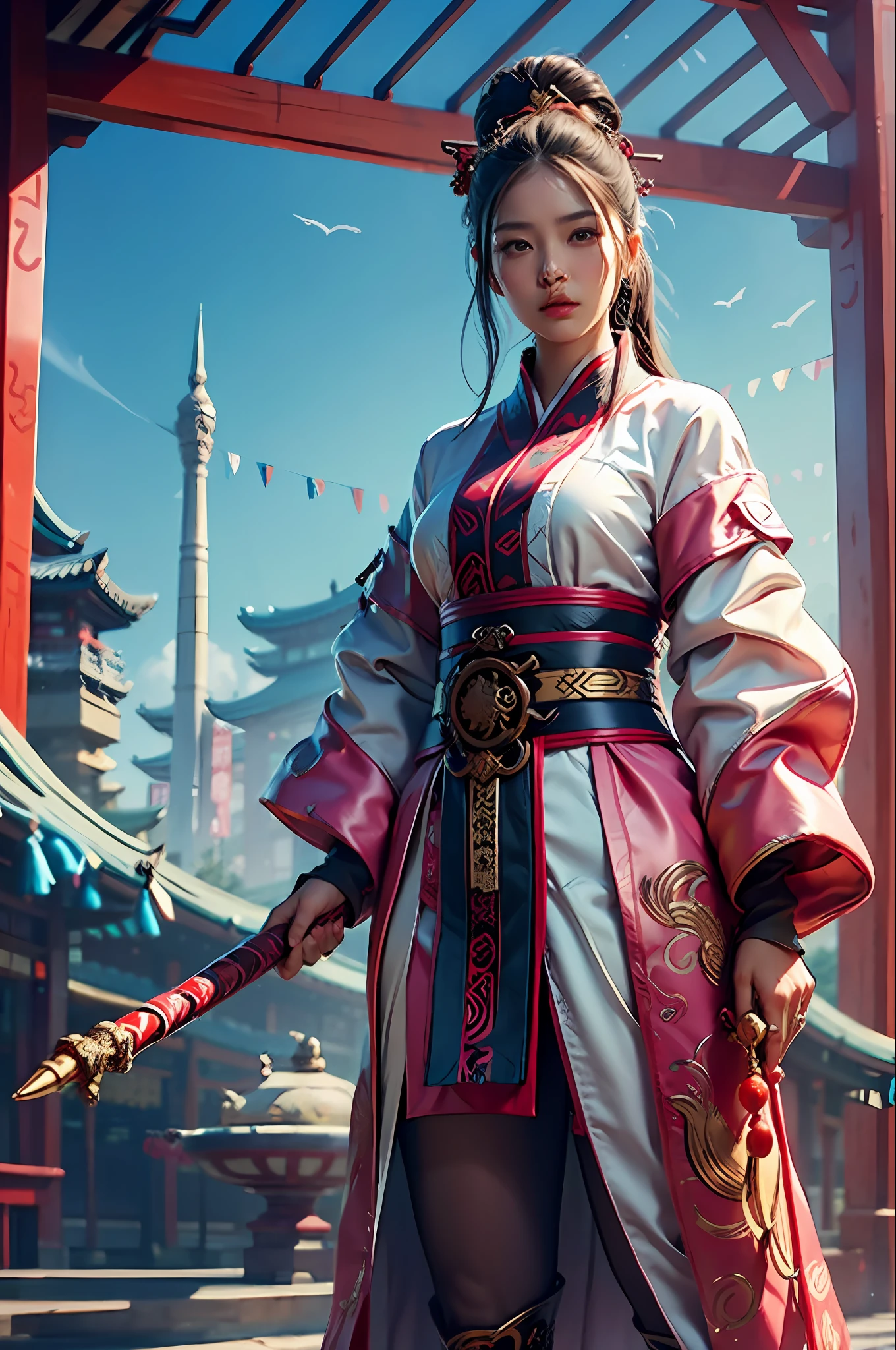 best qality,Obra-prima,resoulution ultra-Highresolution,(PhotoRealistic:1.4),xiuxian,Weapon,Detal Face,
1girle,solo,Weapon,,(Magic circle:1.2),xiuxian,upper body,Bishōjo,FULLBODY,east asian architecture,jacket,archiCGI,Tang dynasty clothing,pink outfit