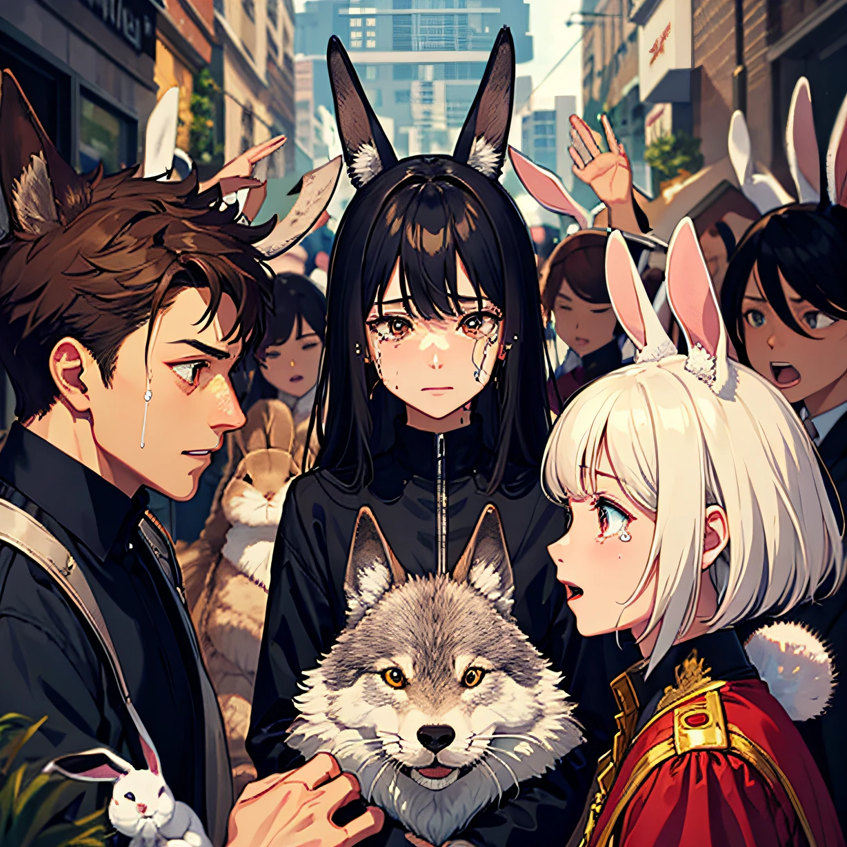 Human heads, wolf ears, crying, male surrounded by several rabbits