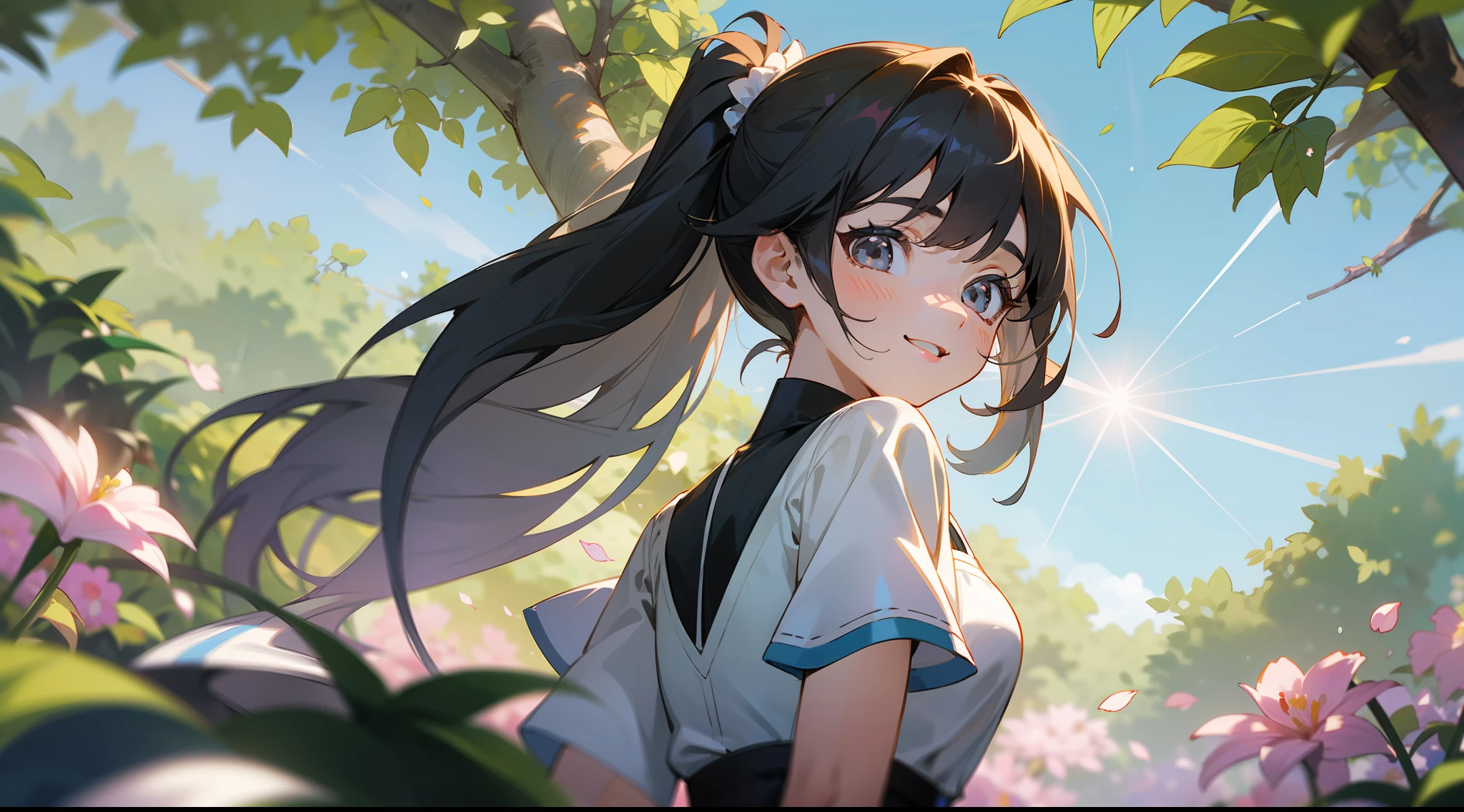 upper body,Medium view,A teenage girl,Sorrisos,sideways,Lateral face,black Hair,single pony tail,fluttering hair,Gray eyes,vestidos de branco,White skirt,standing under a tree,Green plant,sunrays,huge trees,Lens flare,floral,petaled,SKY,Windy