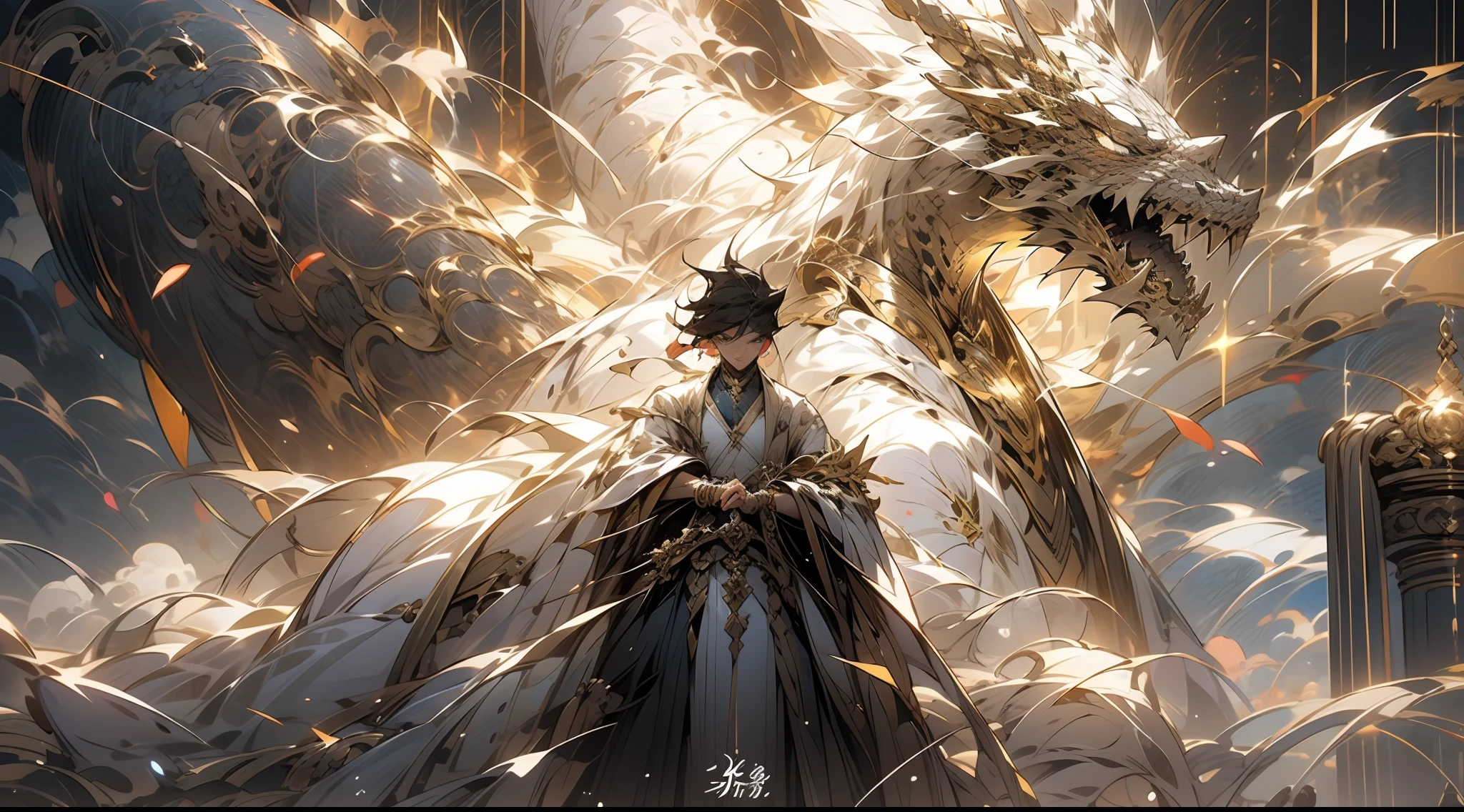 A woman in a white dress holds the style image of a dragon,white dragon，Myths and legends，White clouds float in the sky，White cloud background，8k anime wallpapers, beautiful fantasy anime, anime art wallpaper 8 k, 8K comic wallpaper, Anime art wallpaper ,8k anime art wallpaper 8K,  anime fantasy illustration, anime fantasy artwork, Beautiful Anime Artwork, Anime epic artwork Anime fantasy artwork, Beautiful Anime Artwork, anime epic artwork,official arts， Unity 8k壁纸， super-detailed， Beautiful and beautiful， Obra-prima， best qality， （Dynamic Angles：1.4），Romantic depth of field exotic_Dance，，PerfectNwsjMajic，（Obra-prima，topquality，best qality，official arts，Beauty and aesthetics：1.2），extremedetailed，COLORFUL，highest details,，Obra-prima， the best quality t， Realistic ，