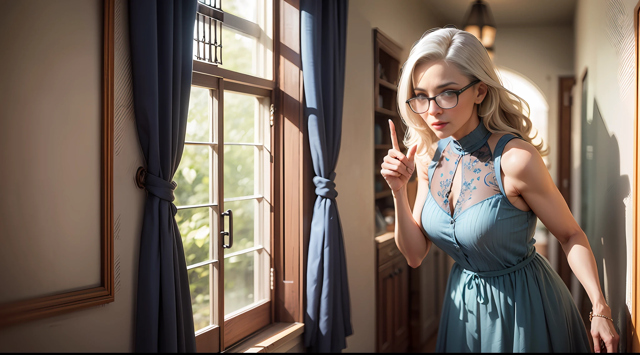 A woman in her fifties,Wearing a blue sleeveless dress,Point to different parts of the house,Specks on the wall,MasterPiece,best best quality,High Details,highs quality