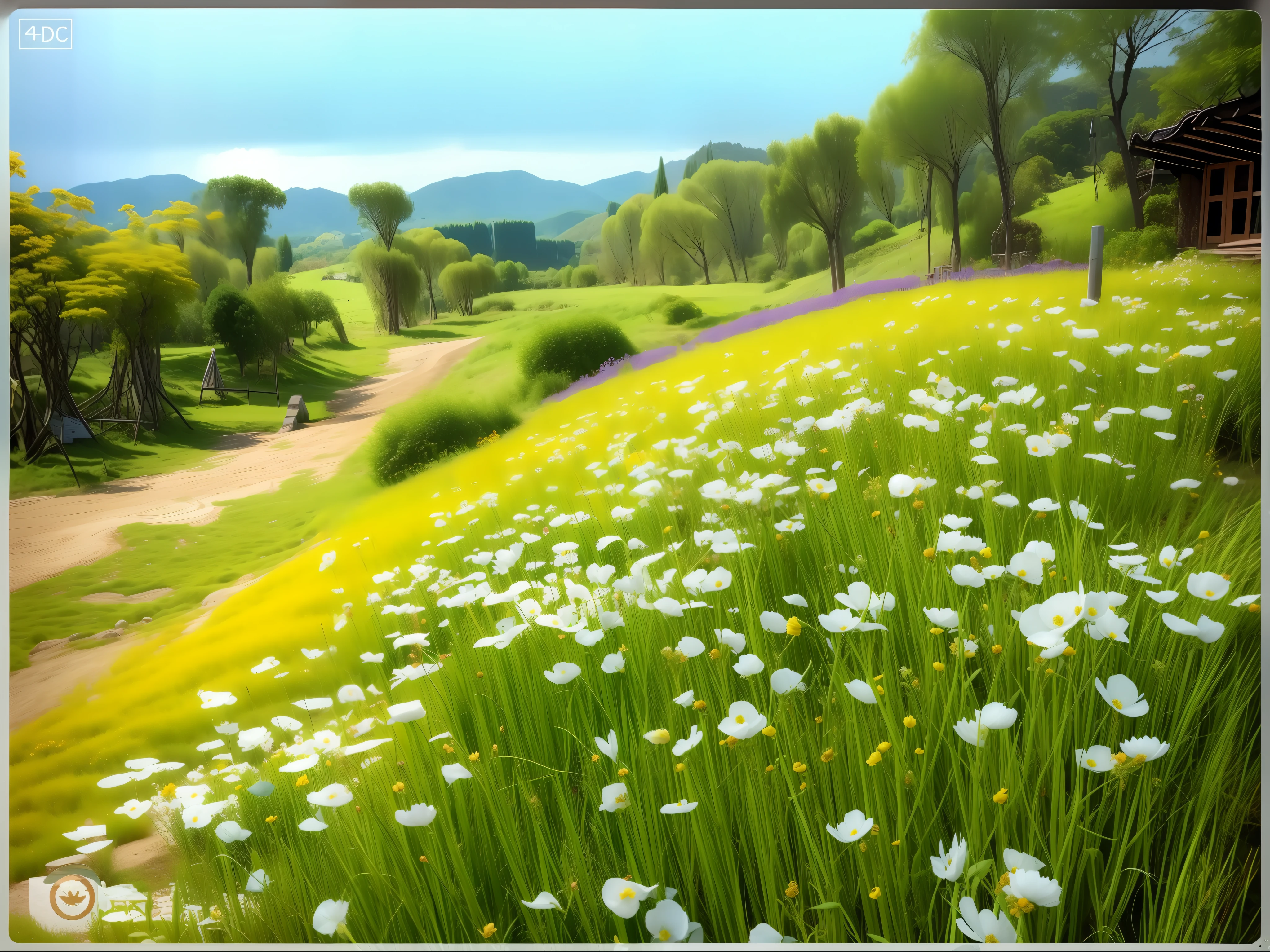 there is a field of yellow flowers in the middle of a park, with flower fields as foreground, an aesthetic field of flowers, Author:Shen Zhecai, sunny meadow, on a bright day, field of flowers, !!natural beauty!!, spring day, wide-angle photograph, meadow with flowers, flower meadow, shot on nikon z9, sangyeob park