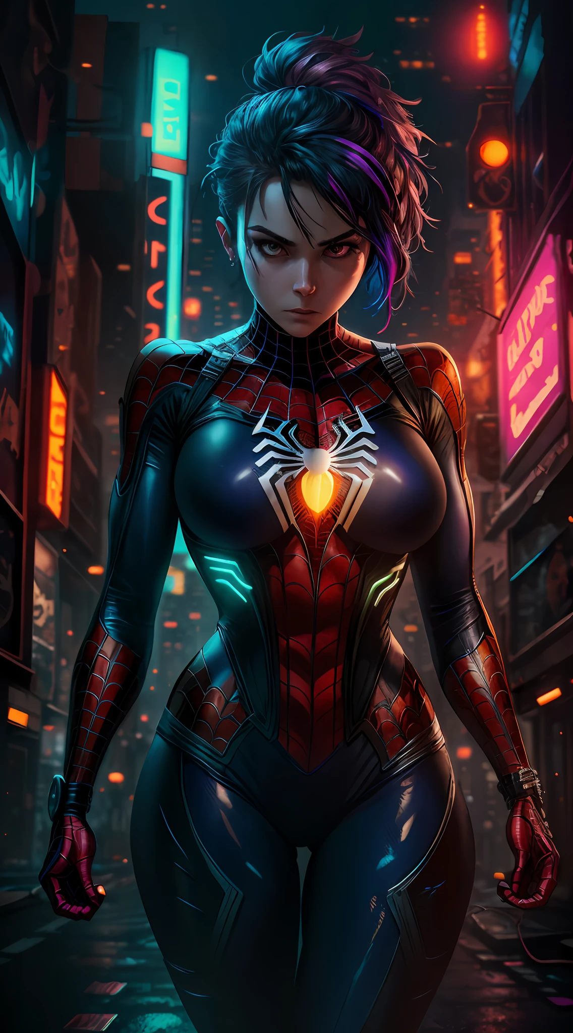 Urban woman in Spider-Man tights, regular breasts, Cyberpunk Style, Neon background, Real face, multicolored hair, evil, hopelessness、, Expressionless eyes, ultra-wide angle, cinematic Lighting, glowing light, from ABOVE, best qality, super-detail, Obra-prima，, Anatomically Correct, 8k --auto