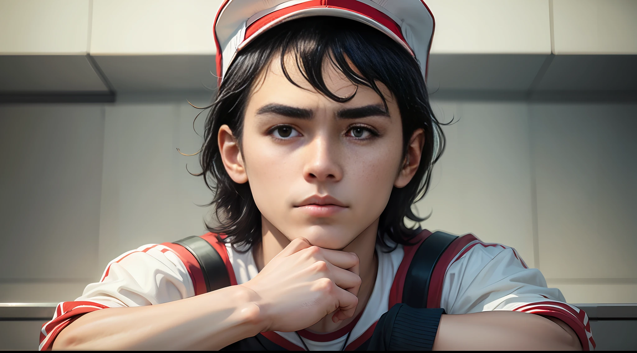 A handsome teenage man,Wearing a basketball cap,She has short black hair,Wearing a gray vest,The eyebrows are thick and powerful,Wrinkle your eyebrows,His eyes showed a look of dissatisfaction and doubt,super-detail,highs quality,Hi-Res,Masterpiece quality