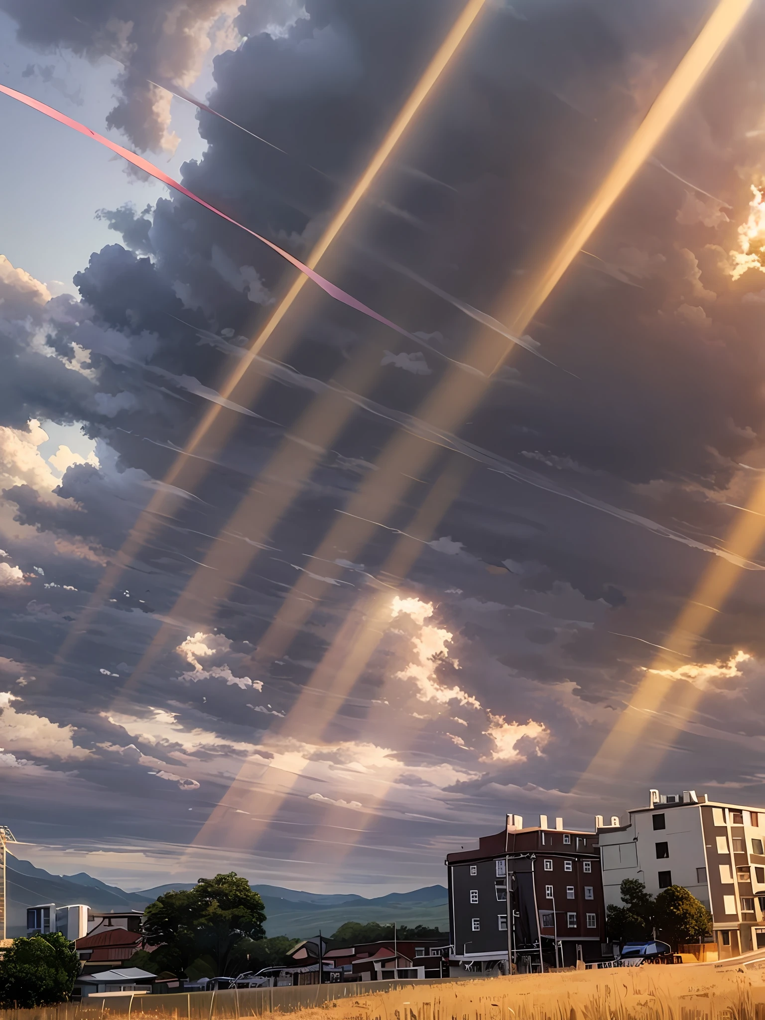 there is a man flying a kite in the sky over a field, with backdrop of god rays, the sun up on the sky is strong, sky in background, With dramatic skies, miraculous cloudy backdrop, sky in background, glistening clouds in background, some sun light ray, light and clouds, sky in background, clouds in the background,Tyndall phenomenon