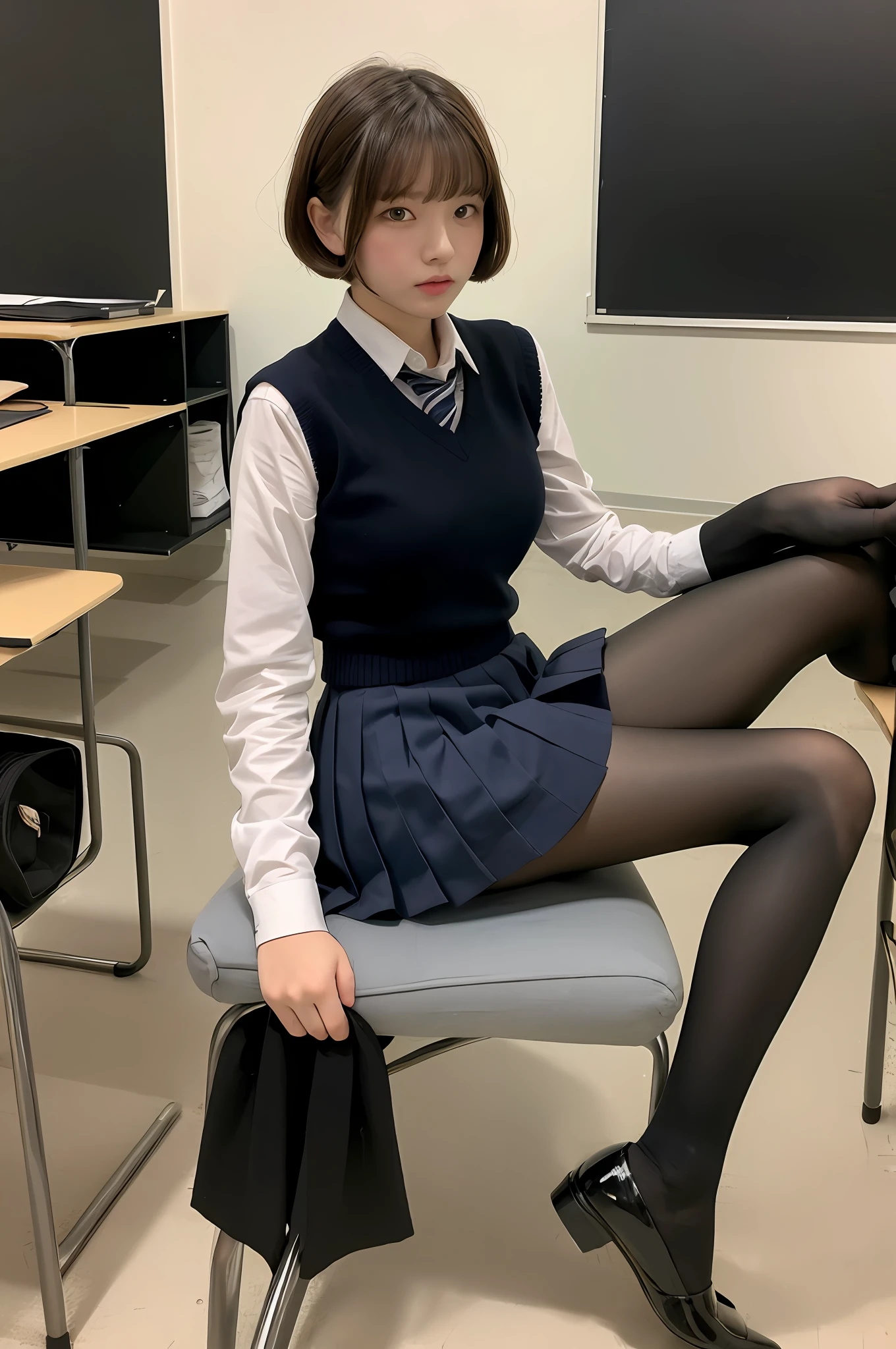 Masterpiece, top quality, ultra high definition, colorful, flat color
1 girl, sitting, watching viewer, school, classroom, pleated mini skirt, take off school uniform, black pantyhose, detailed touch, detailed cloth texture, beautiful detailed face, adult atmosphere, exposure, upper body up, short hair