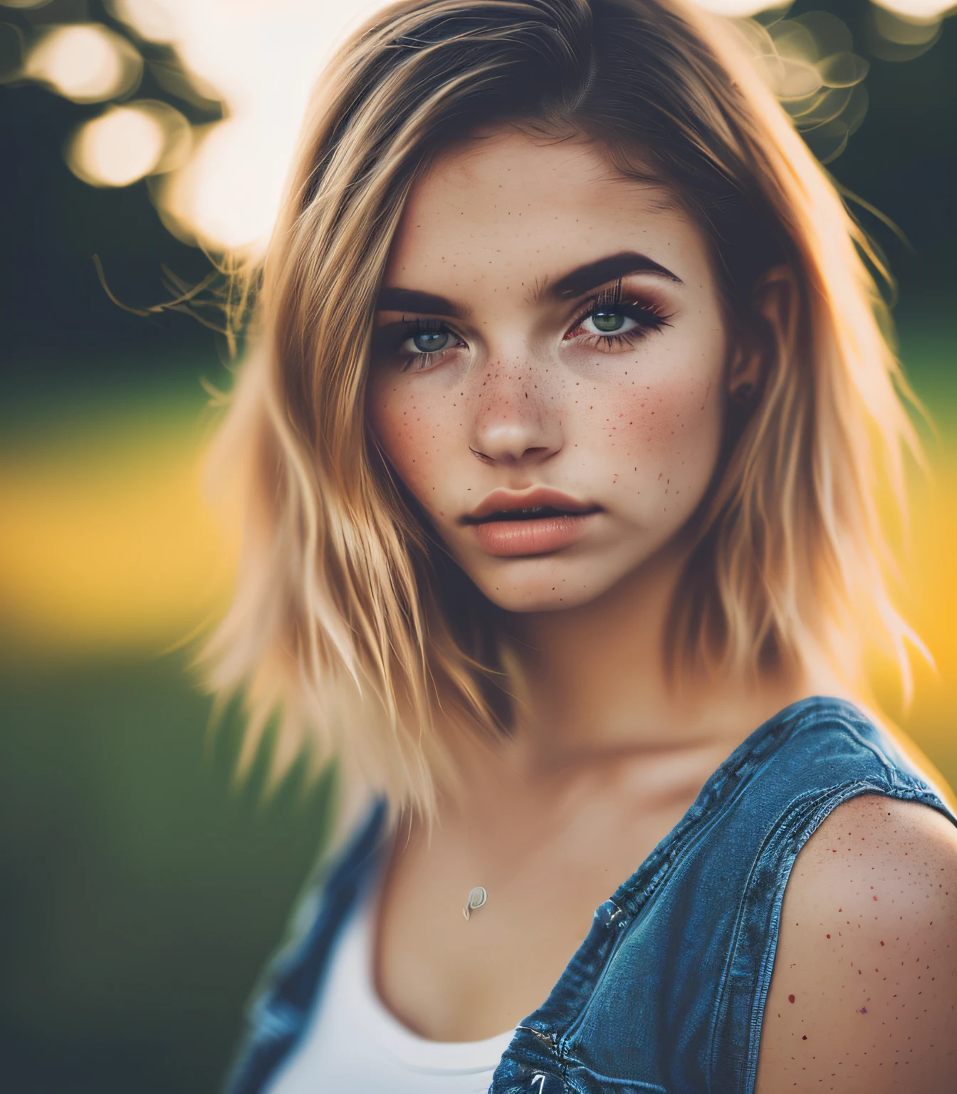 25 year old blonde (beautiful face:1.1), detailed eyes, luscious lips, riding horse, jean shorts and tank top,  (moody lighting:1.2), depth of field, bokeh, 4K, HDR.