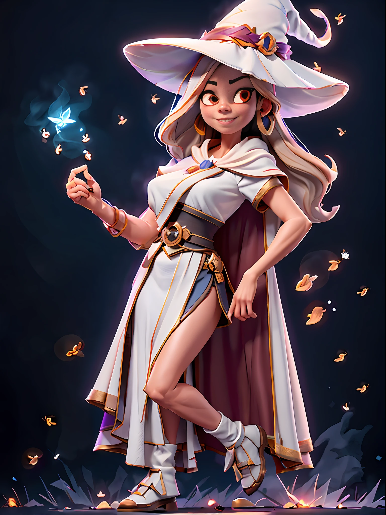 RAW photo, one person, skin invisible, full body photo of 60 year old woman, witch, Sensual beautiful woman with round cheeks, realistic facial expression, light red eyes, pale skin, wavy white hair, long hair, witch hat, white skin, slender body, wearing full body black robe with rich decoration, confident expression, (fireflies, glowing particles, ethereal fog, faint darkness), high saturation, film light, rim light, best shadows, pointing here, background is urban ruins, (very detailed skin: 1.2), 8k UHD, DSLR, soft lighting, high quality, film particles, fujifilm XT3
