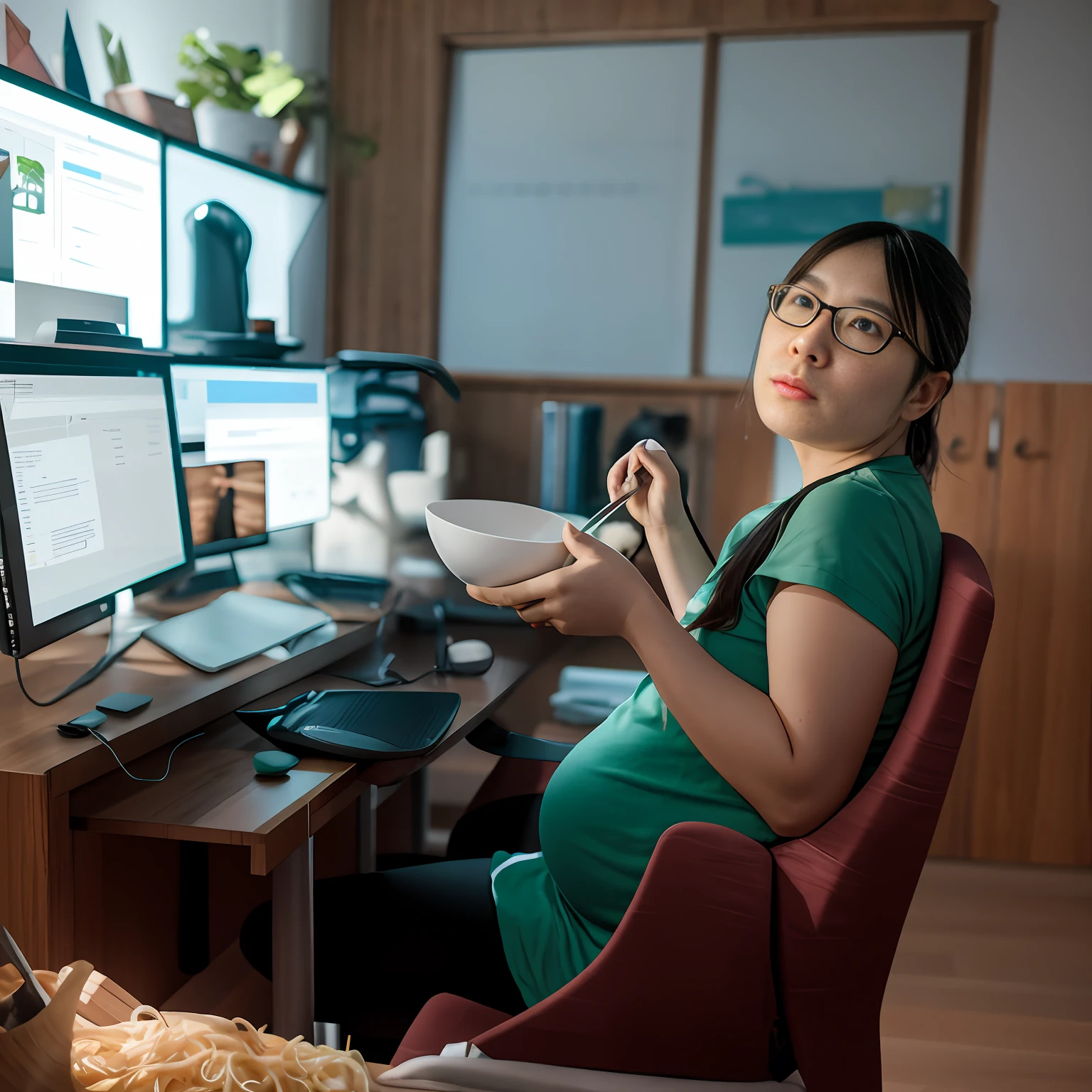 Pregnant woman sitting in a chair,Eat with a bowl in front of the computer, Li Zixin, photograph taken in 2 0 2 0, eating noodles, sitting at a computer, inspired by Ni Yuanlu, inspired by Qu Leilei, jinyiwei, inspired by Tang Yifen, working hard, inspired by Li Fangying