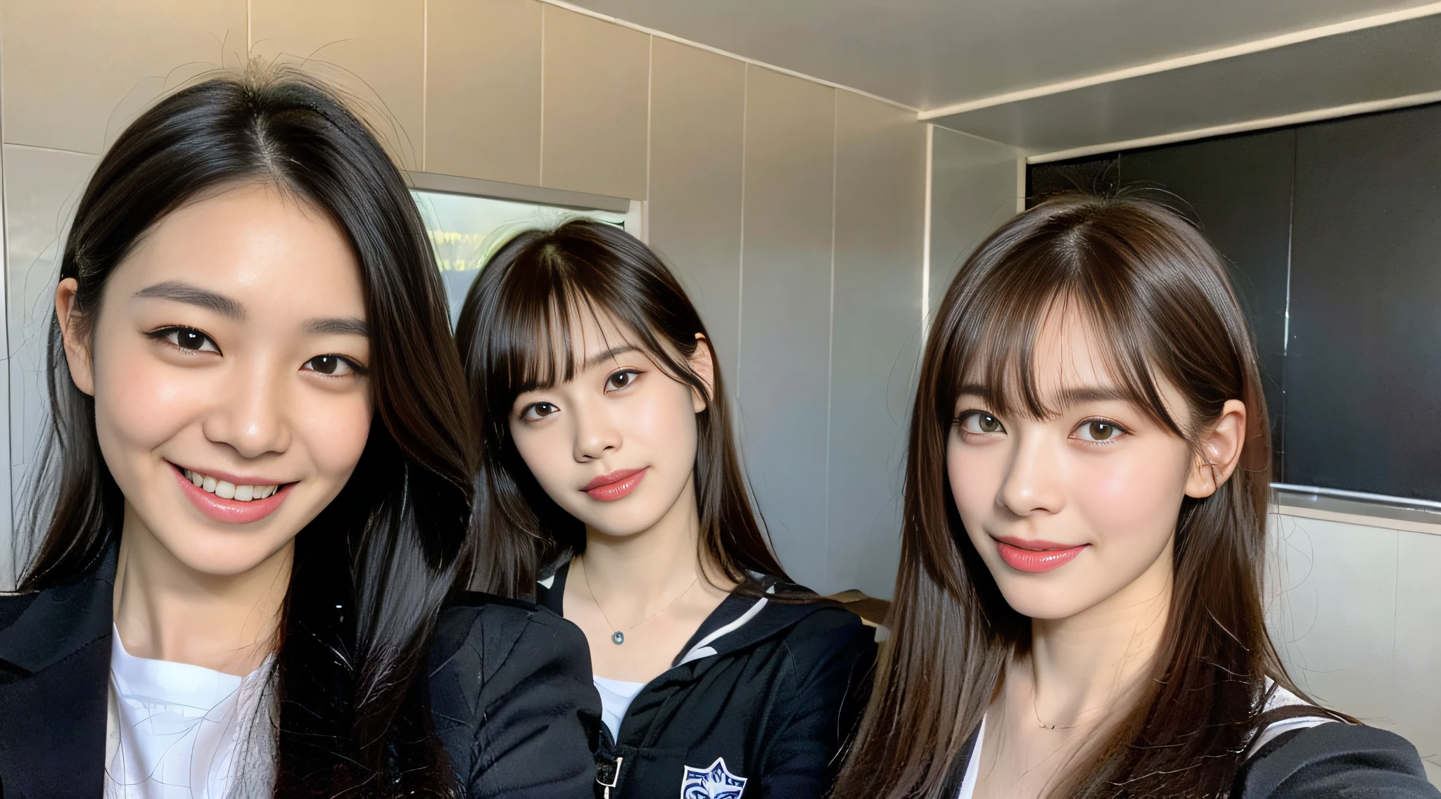 (8k、RAW Photography、Max Quality、Obra-prima:1.2)、An ultra-detailliert、Super Resolution、(Realstic、Real photos:1.37)、(photot-REALISTIC:1.5)、Amazing high resolution、、high resolution RAW color photos、Amazing realistic lighting、Real human face、Very Detailed and Beautiful、(I'm looking at this with my tongue out)Mouth open、Angel smile、Cute pose、White Skin Skin、Fair-skinned female proofreading、an ultra-high picture quality、、astonishing detail、Nogizaka46((Looks exactly like Mario))、Beautiful girls in very detailed、Faces with different patterns、Having a conversation in a classroom at school、Brown hair shining in the light、I'm wearing a red tie、Heart marks are drawn under the eyes、One has a ponytail、、Modern cute high school girl、highly detailed facesHighly detailed eyes、Very realistic skin、 Very detailed fingers, very detailed nose, very detailed mouth, flawless anatomy, Highly detailed sailor suit、Highly Detailed Background,after school、Smiling school girls are gathered in the hallway of the school。They are in uniform、The blackboard is faintly visible in the background.。Light from bright windows illuminates the classroom、The details of their hair and uniforms shine through.。They enjoy chatting in natural poses.、 famous Japan idol,, White Skin Skin, , Long straight hair, (Dull Bangs:1.2), 、girl youth Celebrity-level cuteness 、(Pink Eye Shadow)((Drawing a heart picture under the eyes)) hart、♡