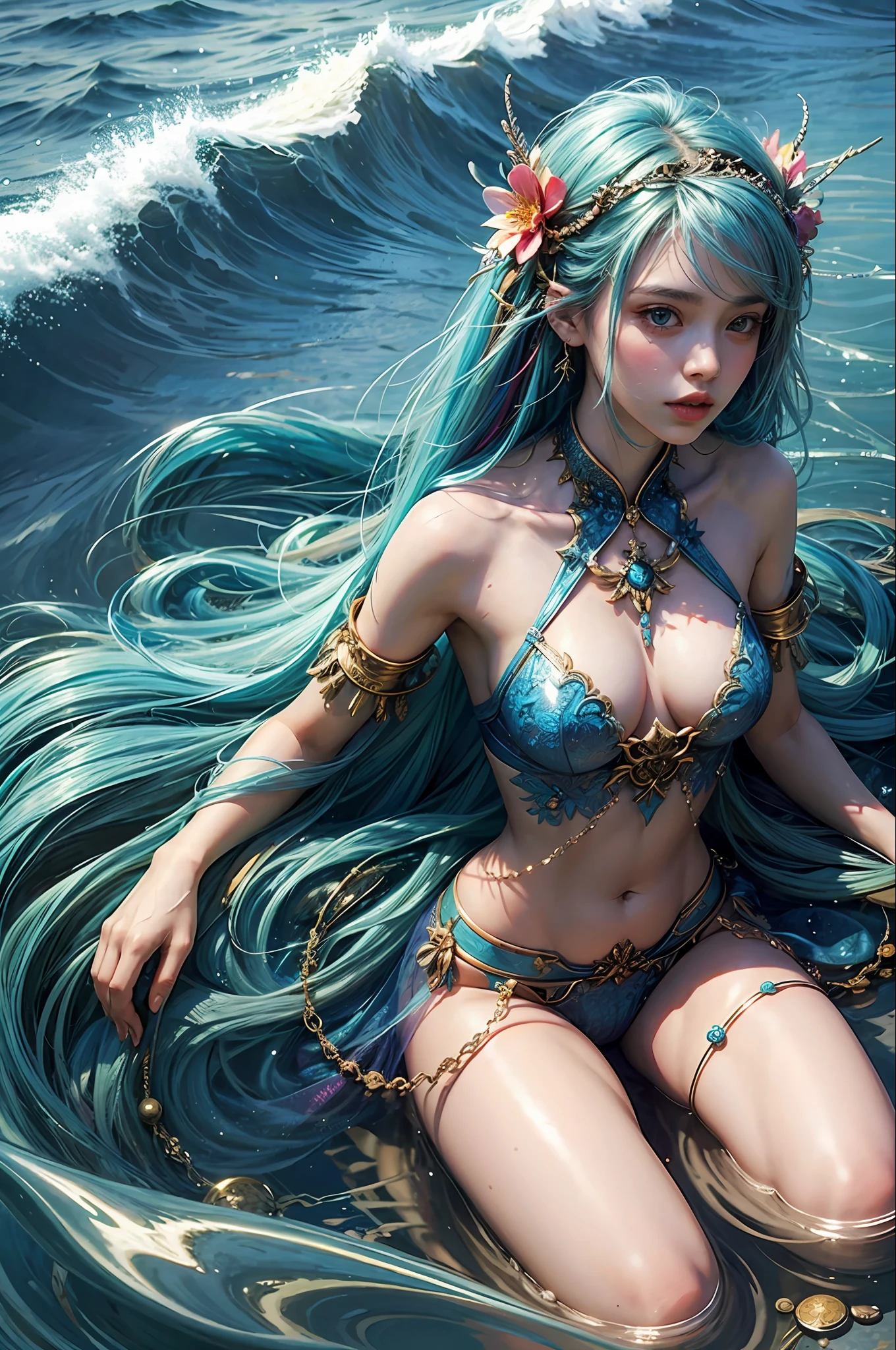 1girl,Beautiful,Magic Style,best quality,masterpiece,(rainbow-candy:0.8),(Half-body:1.3),Ocean,Cool Tone,low saturation,